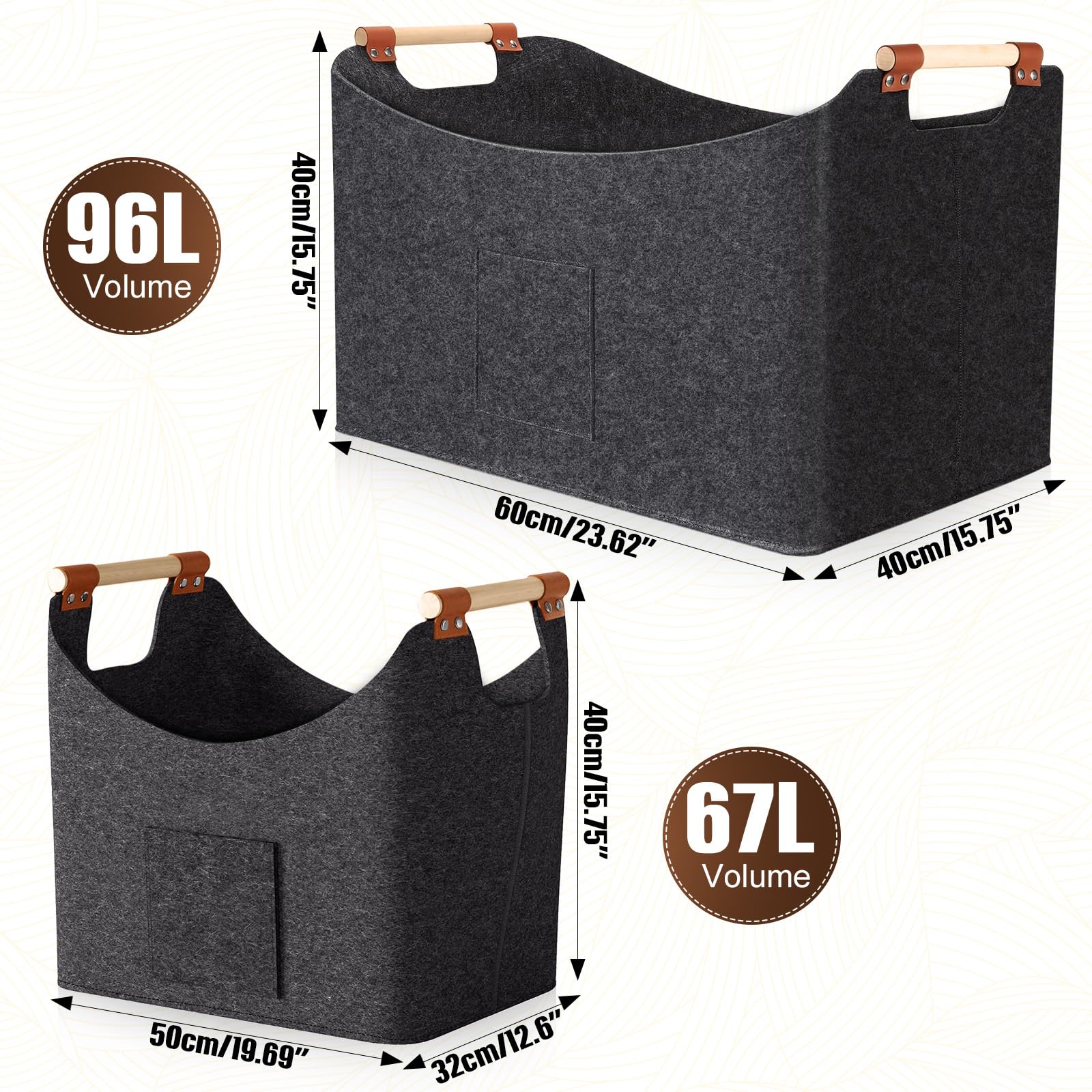 Cesta para Leña 2 Unidades 67L & 96L – Cestas de Fieltro con Asas, 50×32×40 cm & 60×40×40 cm, Bolsa Plegable para Chimenea, Madera, Juguetes o Mantas
