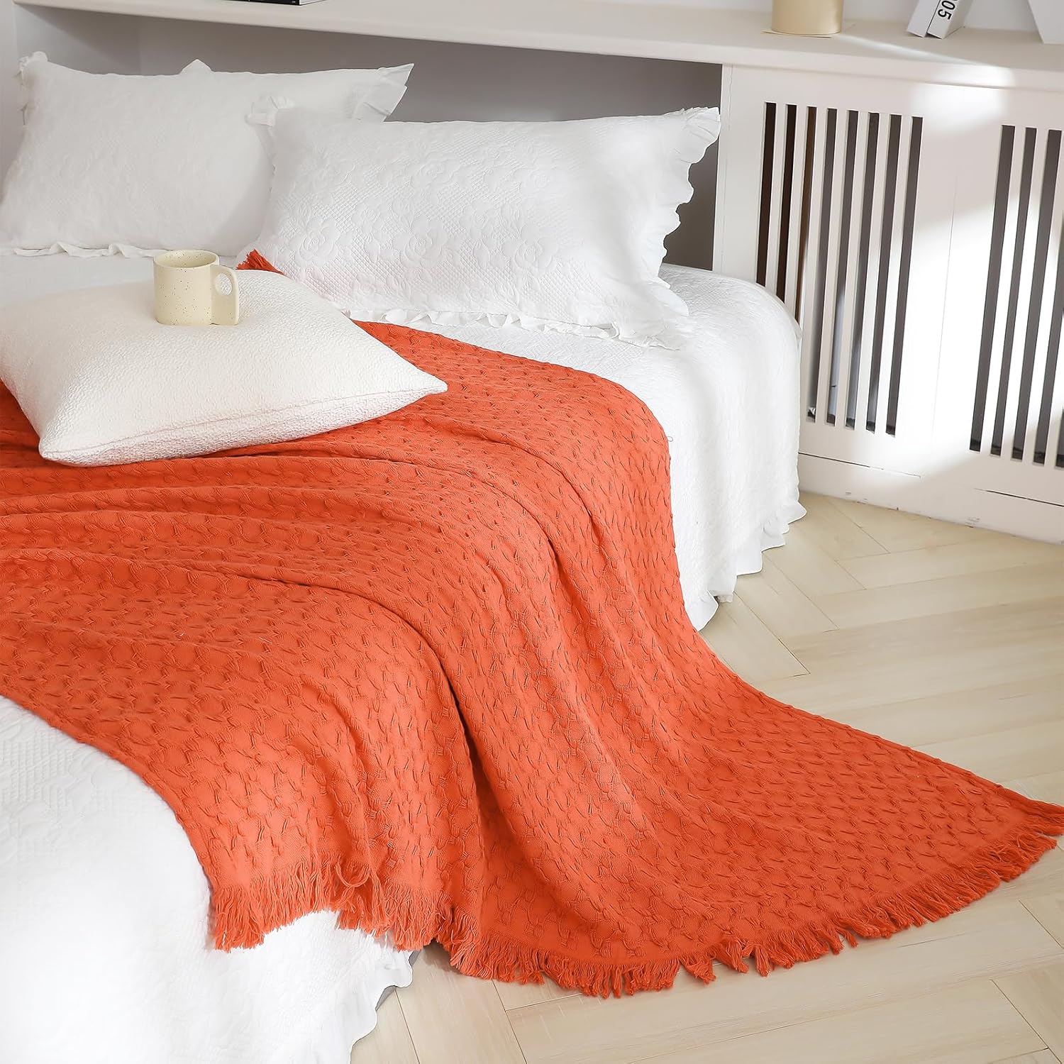 Simple&Opulence 100% Cotton Throw Blanket for Couch, Bed, Waffle Weave Knit Blanket with Tassels, Soft Lightweight Pre-Washed Breathable Comfy Blanket Farmhouse Decor for All-Season(Red)