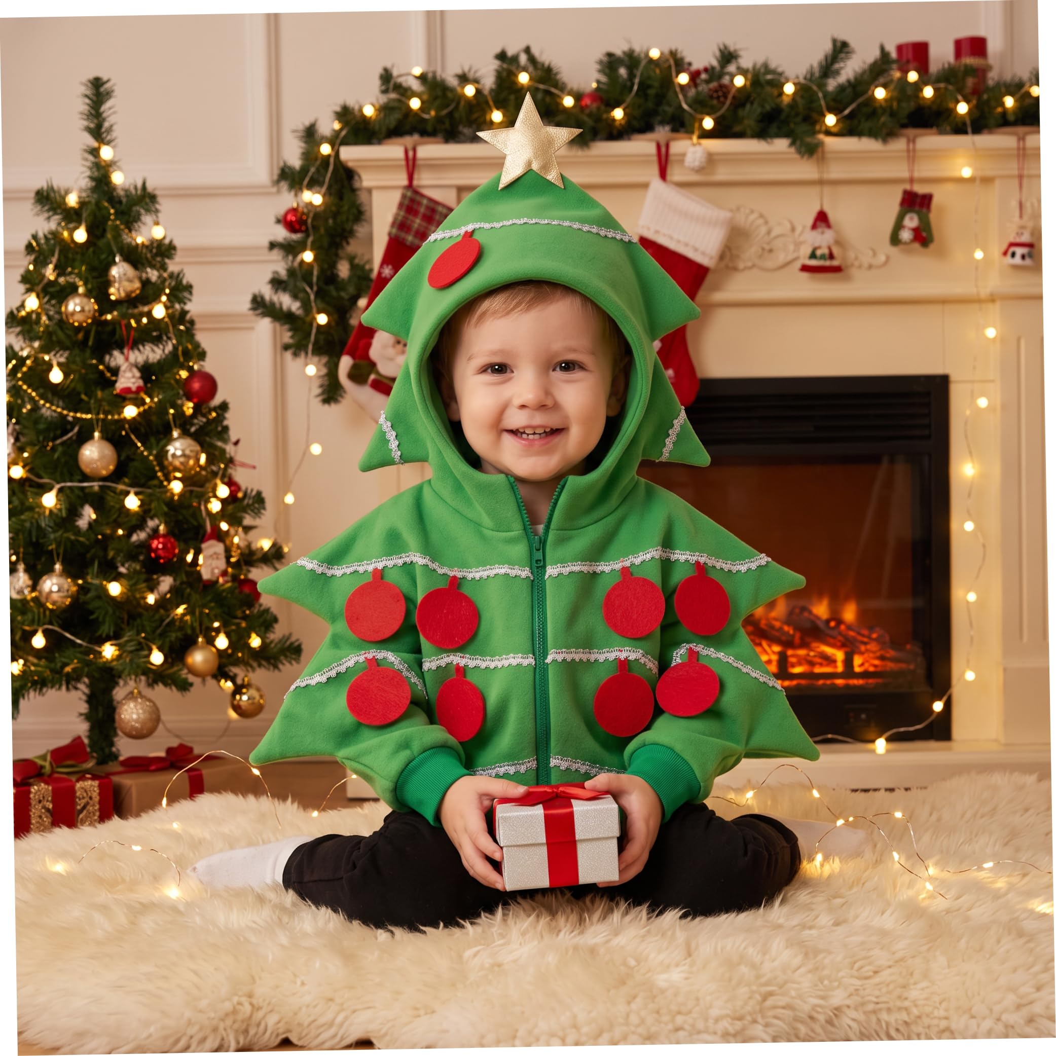 Costume da albero di Natale, costume cosplay per bambini con cappuccio a stella verde S