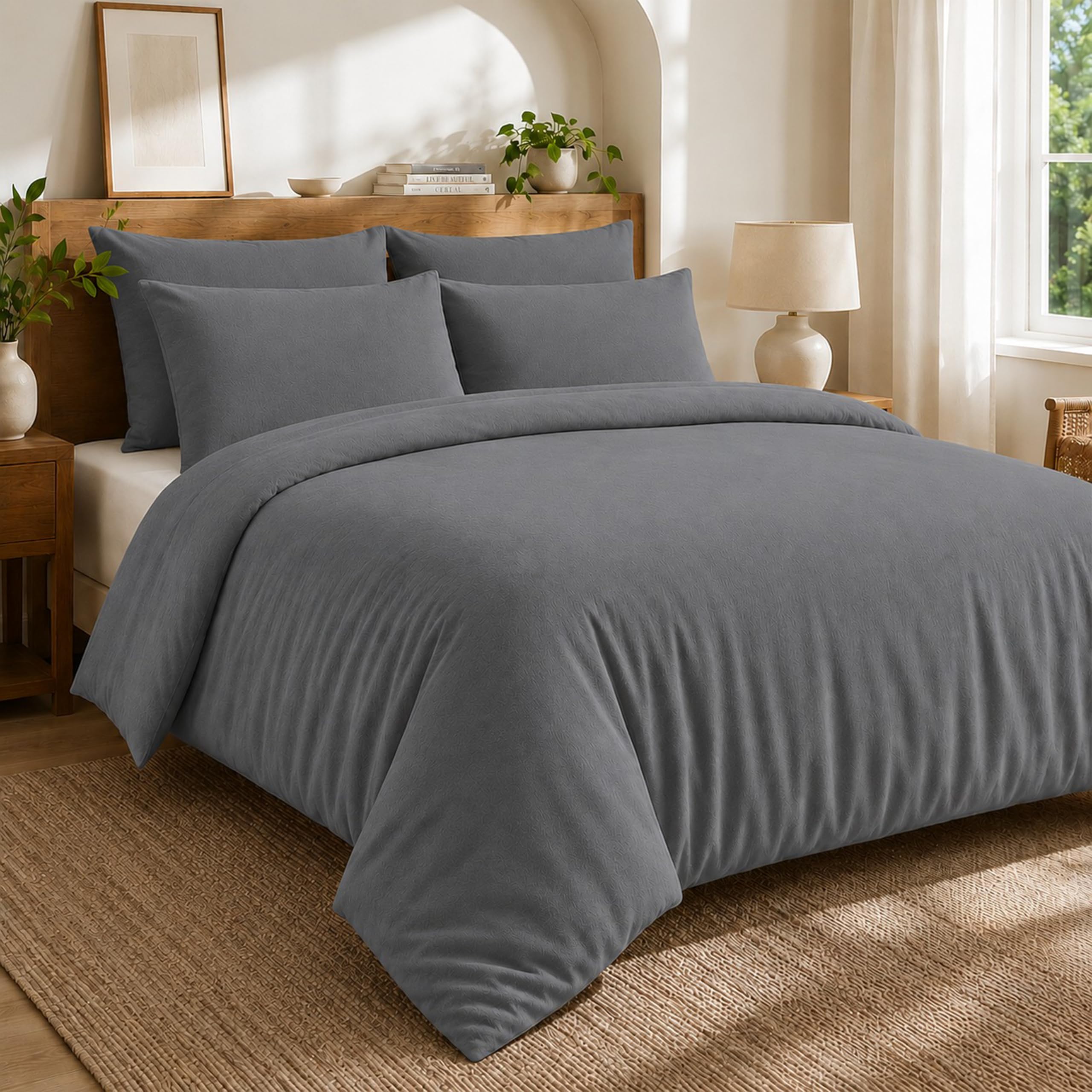 EGYPTO Flannelette Duvet Cover Set – 100% Brushed Cotton Duvet Cover Set - Breathable & Hypoallergenic Thermal Soft Flannel Duvet Cover with Pillowcases (Single, Grey)