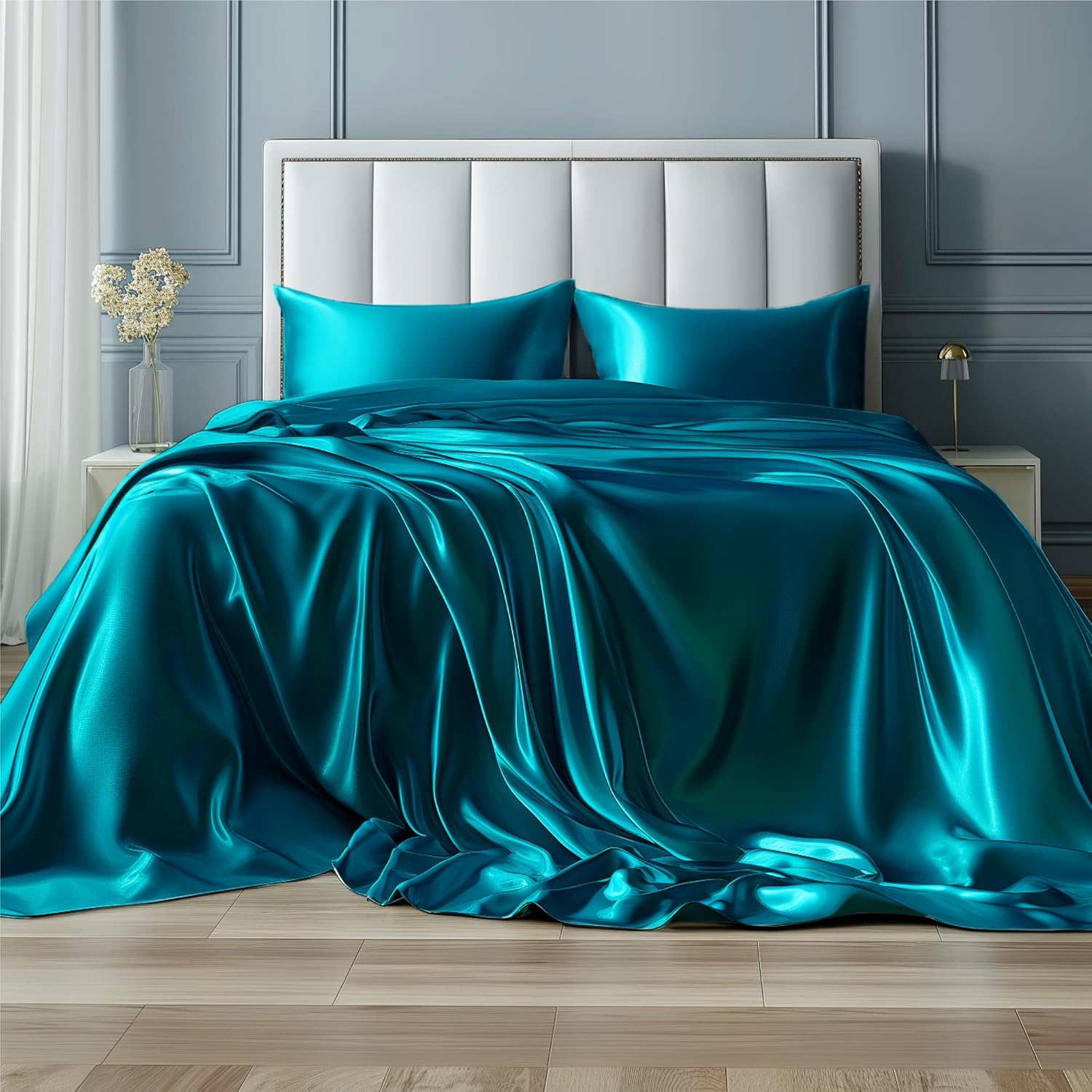 Bedsure Satin Sheets Bundle Satin Pillowcase - 6 Pcs Queen Sheet Set, Similar to Silk Sheets, Bed Sheets Queen Size for Hair and Skin, Gifts for Women (Teal)