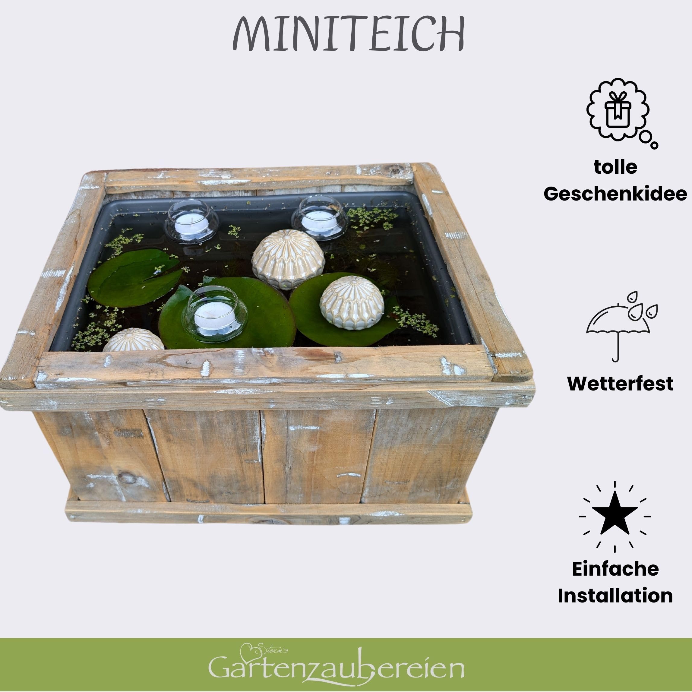 Storm's Gartenzaubereien Miniteich Kompletset - Inklusive 3 cremefarbene Schwimmkugeln & Teelichtschalen aus Glas - Perfekt für Balkon- und Terrassenteich - Teichdeko