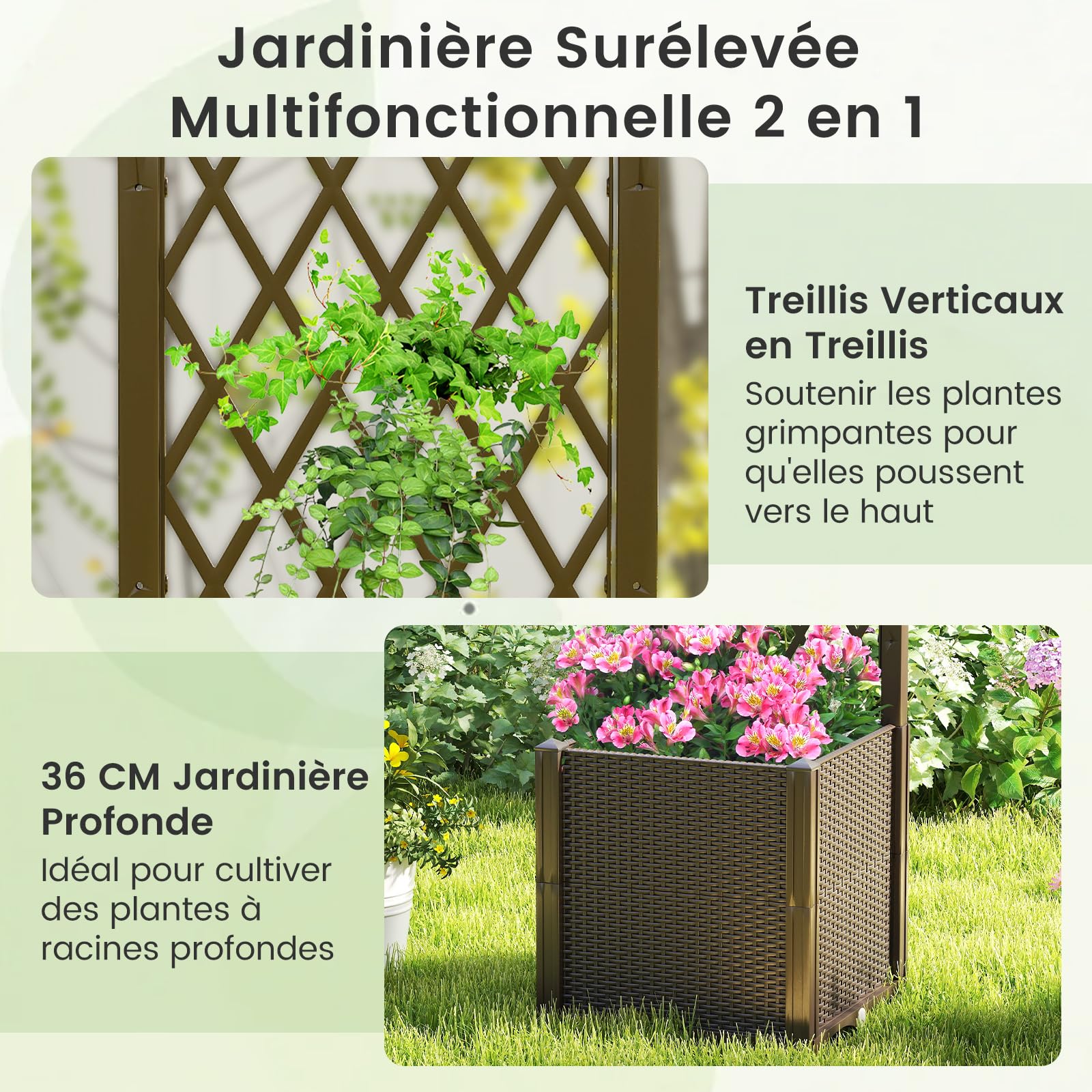 COSTWAY Jardinière avec Treillis sur Pied, Bac de Plantation Auto-arrosage en Rotin PP avec Trou de Drainage, Lit de Jardin pour Plantes Grimpantes, Légumes, Fleurs, Café, 40 x 40 x 140 cm