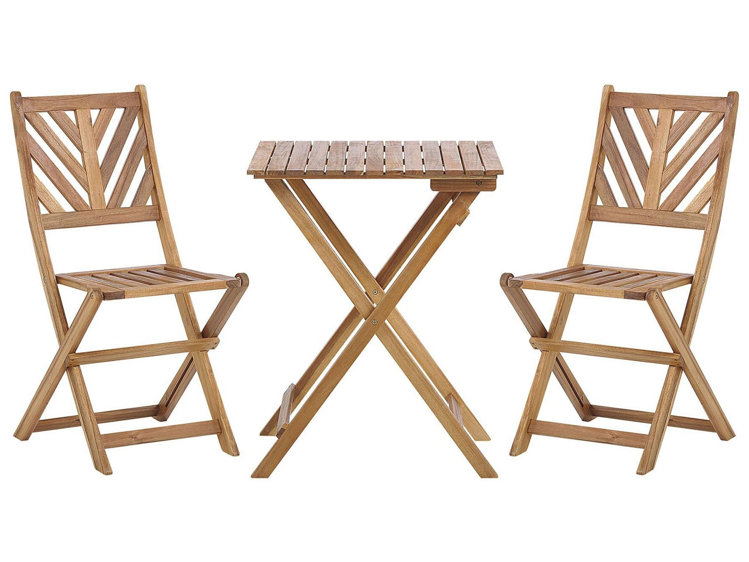 Beliani Set Legno Massiccio di Acacia Chiaro con 2 Sedie e Tavolino Pieghevoli