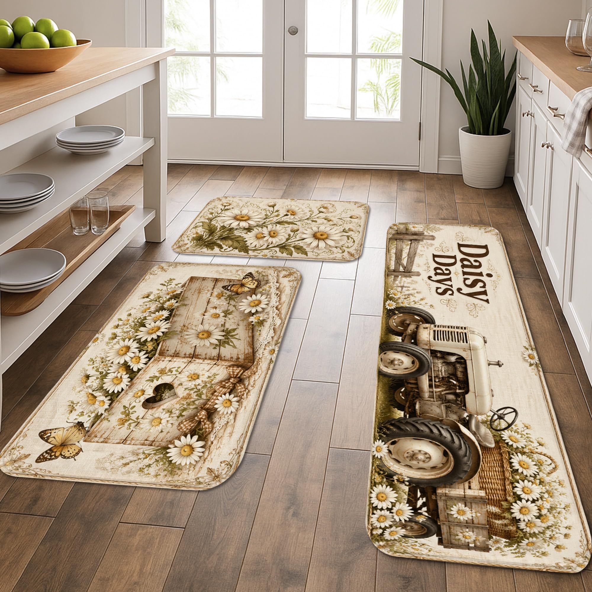 Tapis de cuisine lot de 3 lavables tapis de salle de bain et buanderie motif fleuri