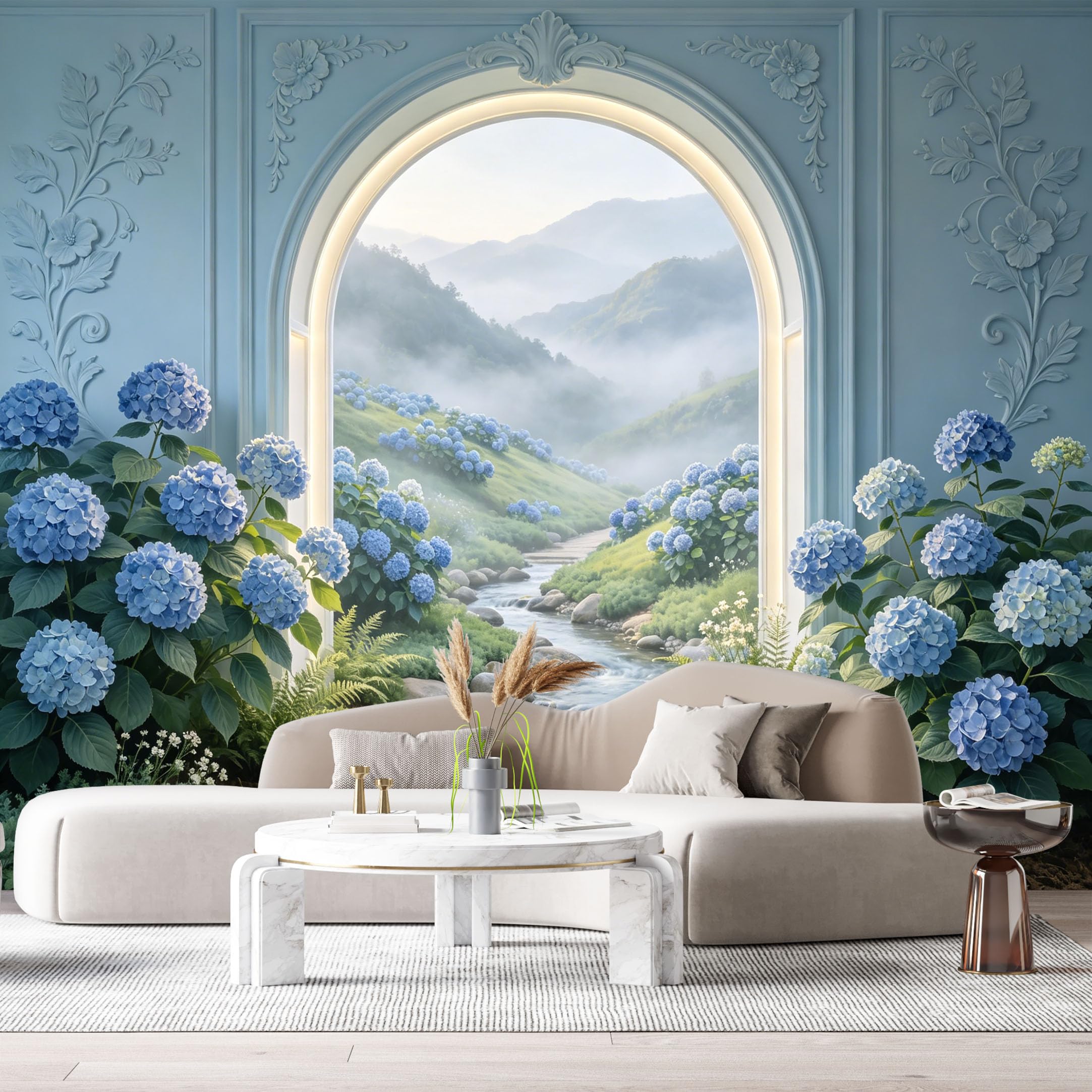 Custom Size Wall Murals Hydrangea Mountain Stream Landscape 3D Trompe L'Oeil SelfAdhesiveWall Fabric Removable Wallpaper Wall Decor for Living Room Bedroom Bathroom