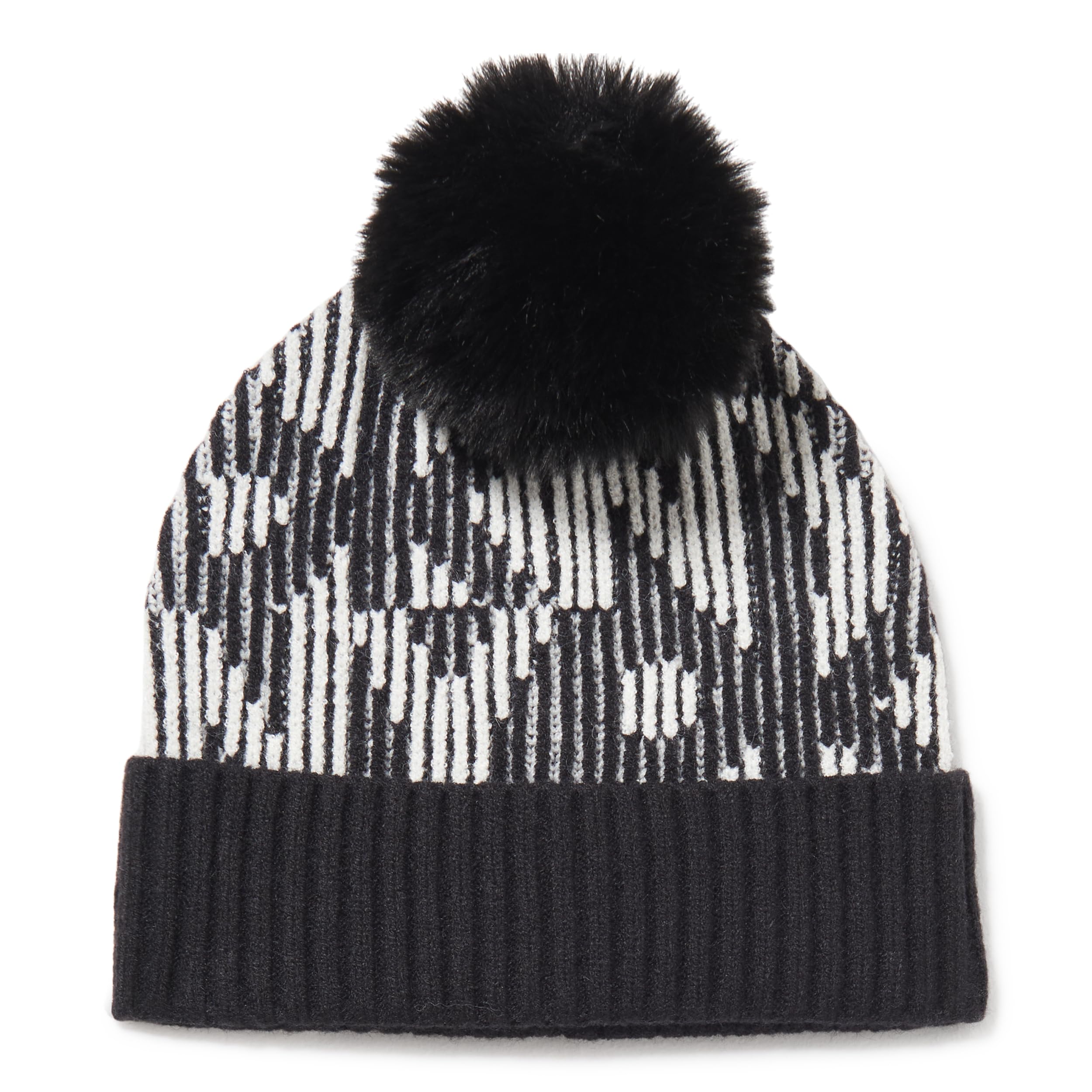 DKNY Women's Logo Faux Fur Pom Ribbed Hat
