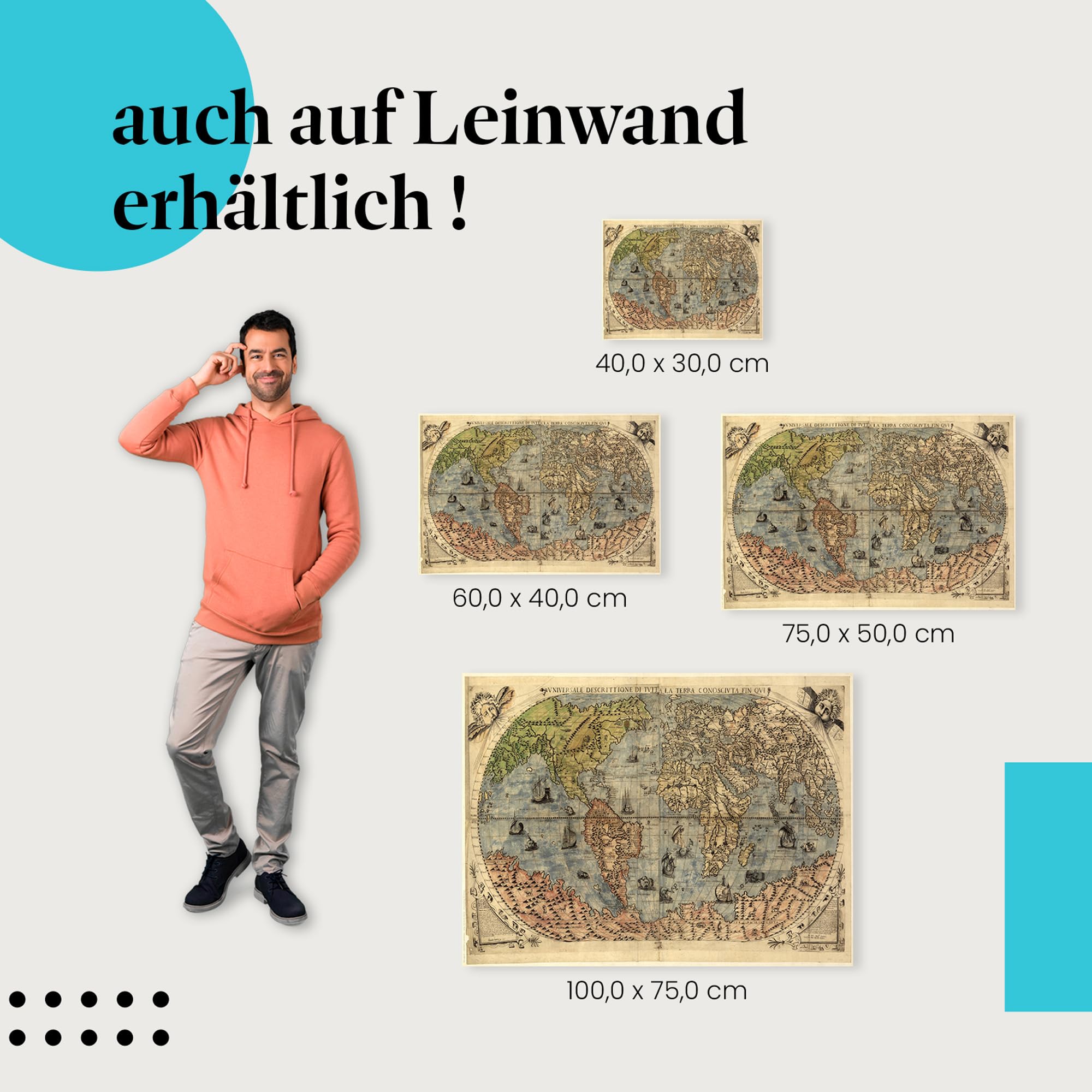 Postereck - 0460 - Historische Weltkarte, Kontinente Karte Vintage - Unterricht Klassenzimmer Schule Wandposter Fotoposter Bilder Wandbild Wandbilder - Leinwand - 100,0 cm x 75,0 cm