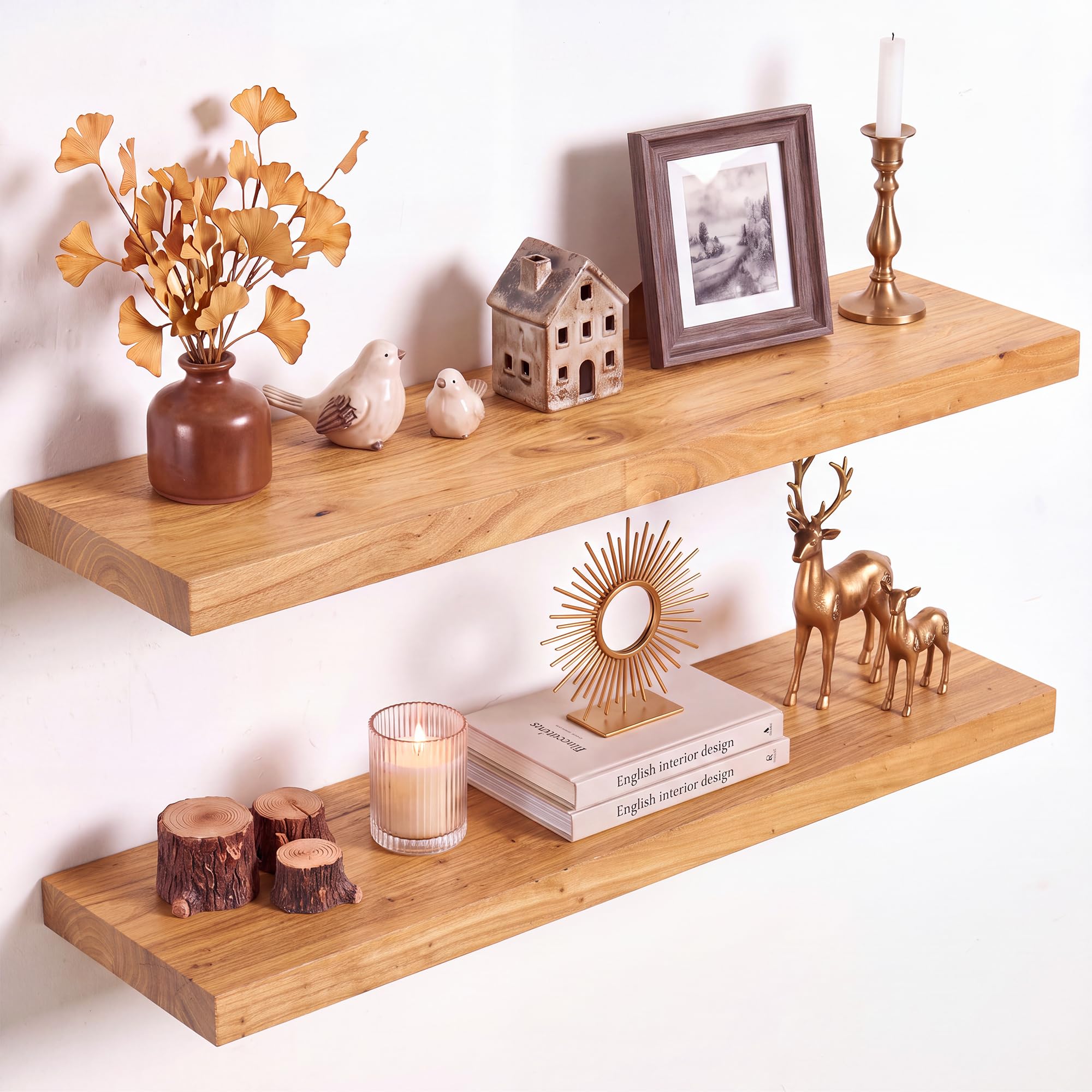 Axeman Floating Shelves for Wall, 80cm Rustic Solid Elm Wood Shelves for Storage, Wall Mounted Display Shelving with Invisible Heavy-Duty Metal Bracket, 80x20x3.5cm (Natural, 2PCs) โ image 1