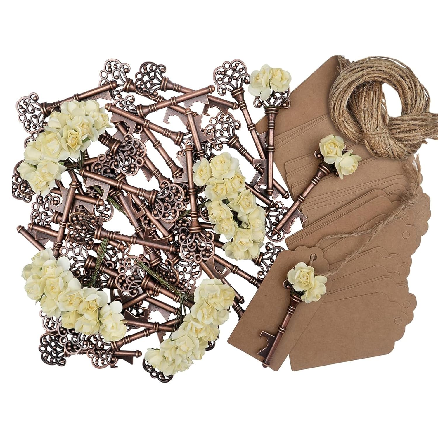 Key Open Wedding Favor Bottle Opener Keys Wedding Gift Set with Escort Tag Cards, Paper Roses, and Ropes - Vintage Key Bottle Opener Wedding Favor - Bottle Opener (50 Pack)