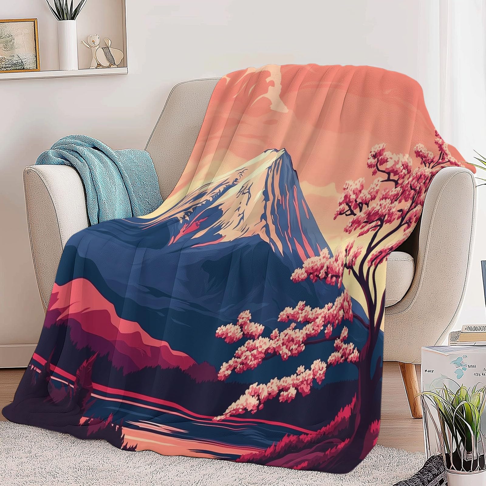Couverture en Flanelle Cerisiers De Montagne À La Japonaise 180 x 200 cm Couvertures en Polaire en Microfibre Polaire Toutes Saisons pour Voyage Canapé pour Voyager Lit Canapé Enfants Adultes, Kaki