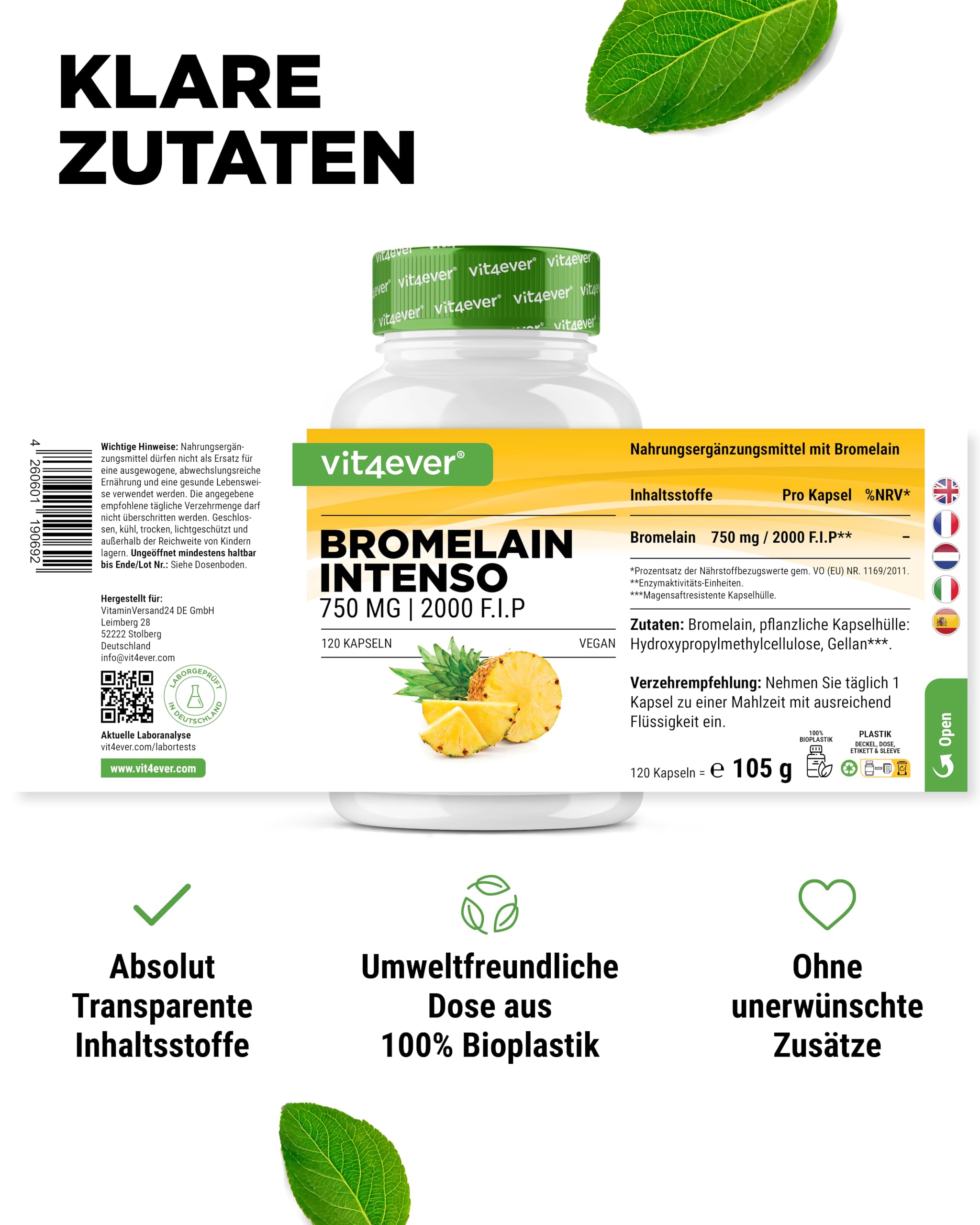 Bromelain Intenso - 750 mg (2000 F.I.P) - 120 magensaftresistente Kapseln - Natürlicher Ananas Extrakt - Laborgeprüft - Vegan - Hochdosiert