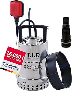 T.I.P. 2in1 Schmutzwasser Tauchpumpe - Salzwasserpumpe Edelstahl (16.000 l/h Fördermenge, 1mm Flachabsaugend mit Duo-Ring, Waschlauge geeignet, Flüssigkeit bis 90°C) SaltOne 16000 I-PX DUO, 30276