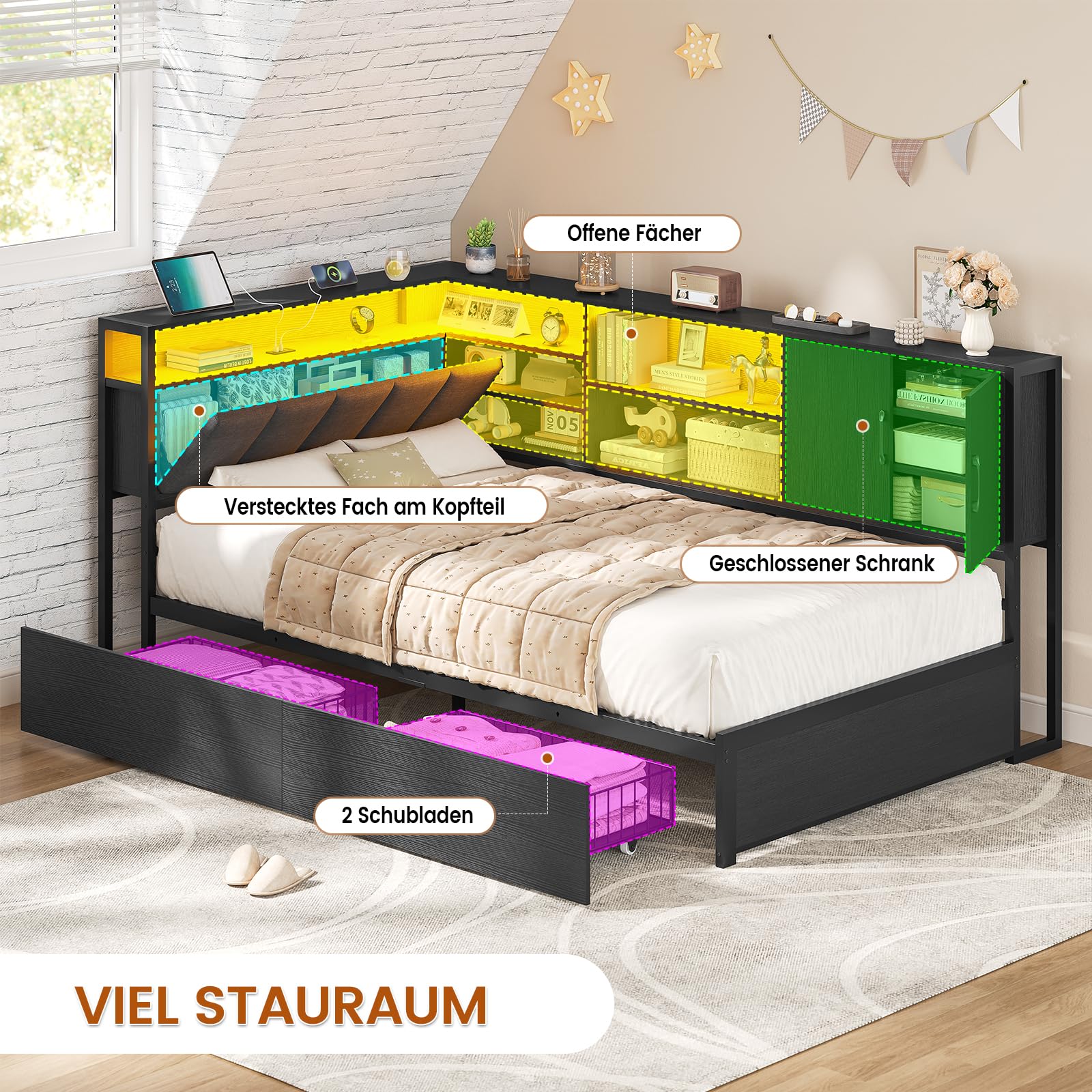 KIMENICH Polsterbett Schlafsofa 90x200 mit LED-Beleuchtung, Ladestation, Tagesbett, Jugendbett mit 2 Schubladen und Lattenrost aus Metall, Kopfteil mit Stauraum, Offene Regale, Schrank, Schwarz