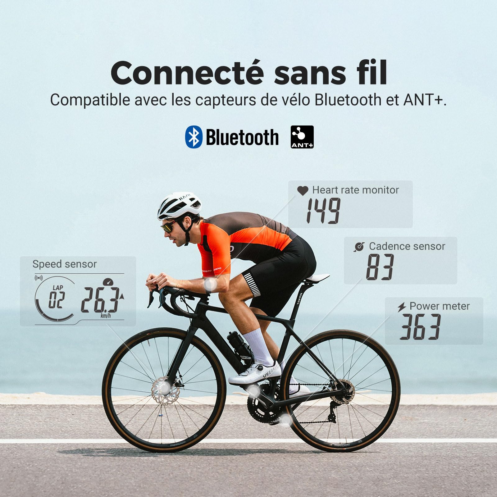 COOSPO CS300 GPS Compteur Velo sans Fil Rétroéclairé Automatique de 2,6'' Soutien, Ordinateur Velo GPS de 40h Autonomie de Batterie Écran Rechargeable étanche IPX7, Bluetooth5.0/ Ant+