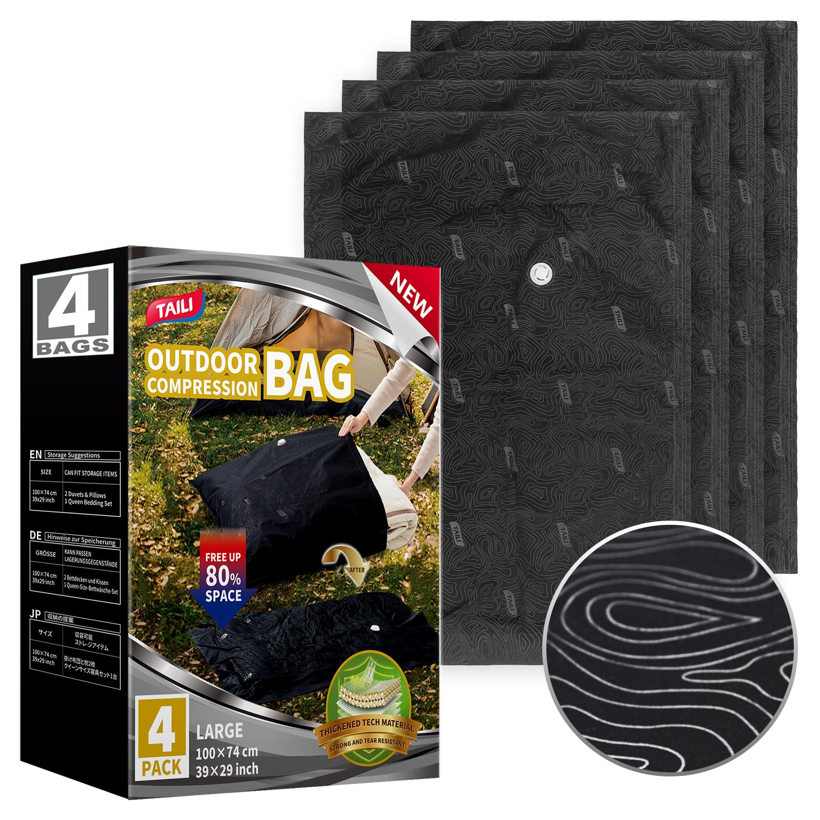 TAILI Vacuum Storage Bags Outdoor 4 Pack Jumbo 100 x 74 CM Tear-Proof Travel Vacuum Bags Reusable Compression Bags for Travel, Clothing, Camping Waterproof, Wearproof, Punctureproof