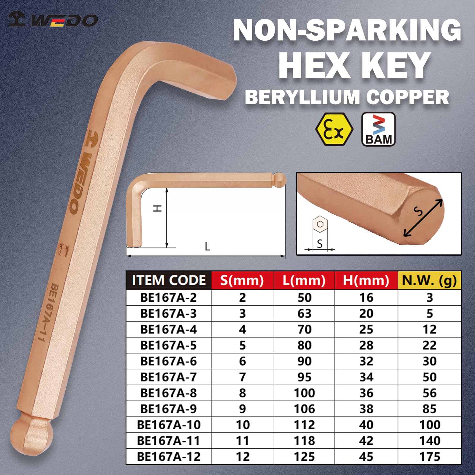 WEDO Nieparkingowy klucz imbusowy z kulką, klucz bezpieczeństwa bez iskier, miedź berylowa, standard DIN, certyfikat BAM i FM, 0,39", szerokość 10 mm