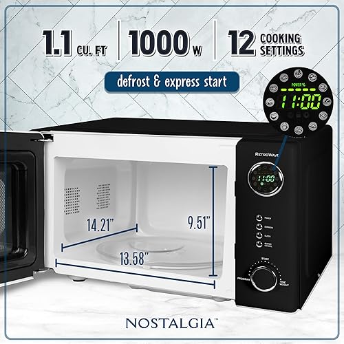 Miniatura 2 de Nostalgia Horno microondas retro para encimera, 1.1 pies cúbicos y 1000 vatios de potencia, fácil de limpiar con plato giratorio de vidrio