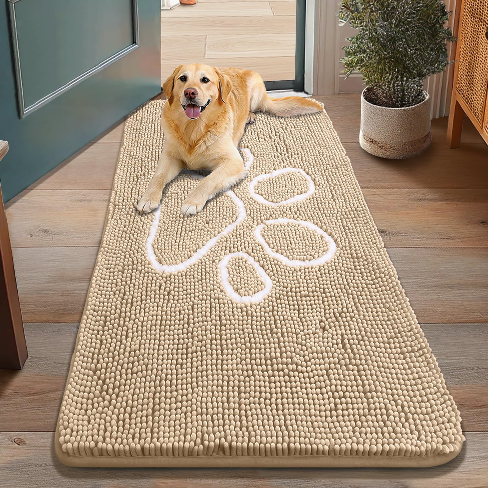 Smiry Dog Door Mat for Muddy Paws, Absorbent Dirt Trapper Non Slip Quick Dry Washable Chenille Mat for Mud Dogs, Entry Rug for Indoor and Outdoor (