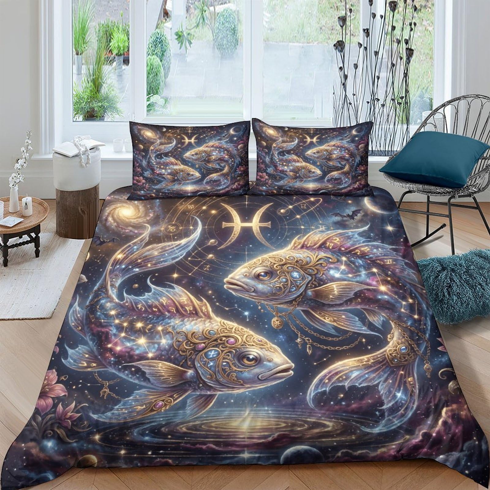 Housse de couette Poissons Galaxie 200x200cm pour remplacer votre linge de lit terne