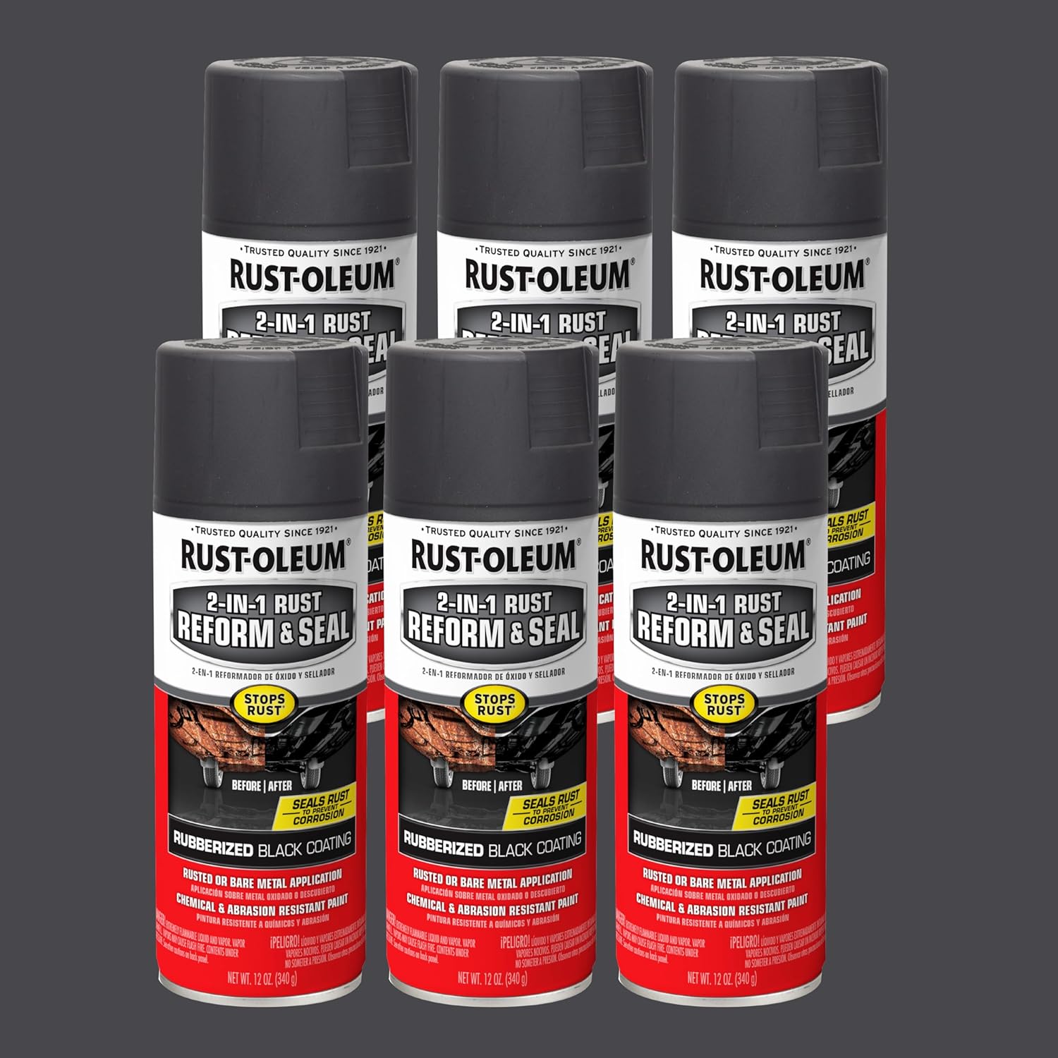 Rust-Oleum 344713-6PK Automotive 2-In-1 Rust Reform & Seal Spray, 12 oz, Flat Black, (Pack of 6)