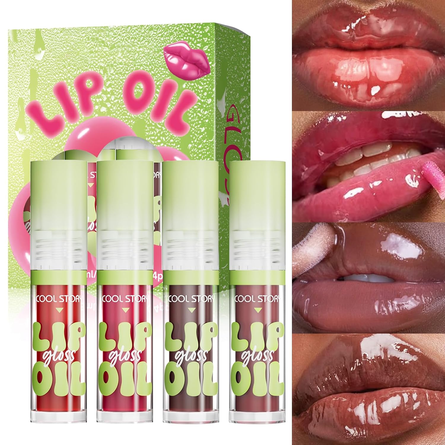 4 Pack Hydrating Glow Lip Oil Makeup Set for Women, Moisturizing Lip Gloss with Glow Finish, Long Lasting Nourishing Lip Care Fat Oil Lip Drip, Sweet Candy Scent (SET B, DARK)