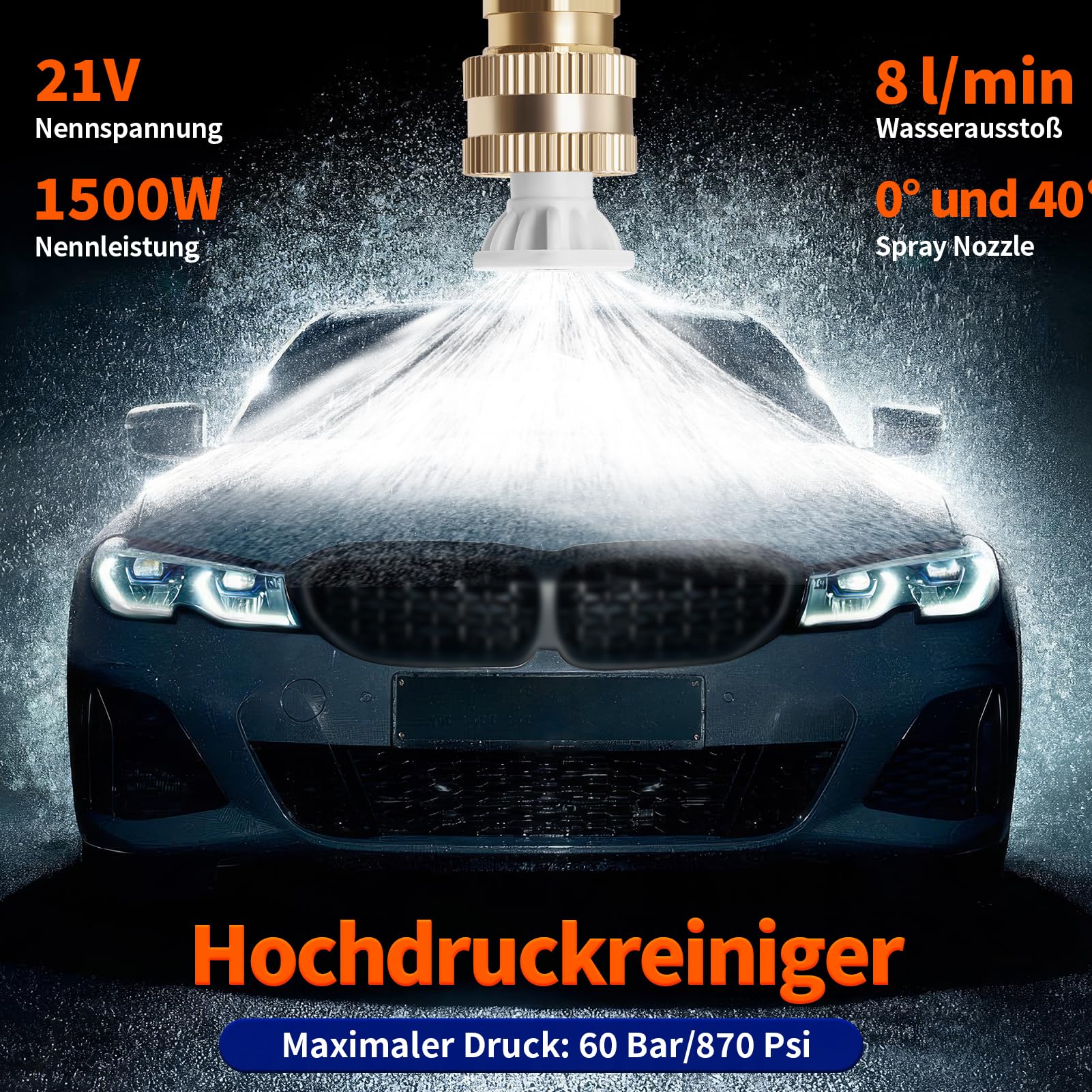 Akku Hochdruckreiniger, 1500W Pressure Washer mit Eimer, Mobiler Hochdruckreiniger mit 3-in-1 Düse, 5M hochdruckpistole für gartenschlauch, 200bar 21V Akku Druckreiniger für Auto,Terrasse,Fenster