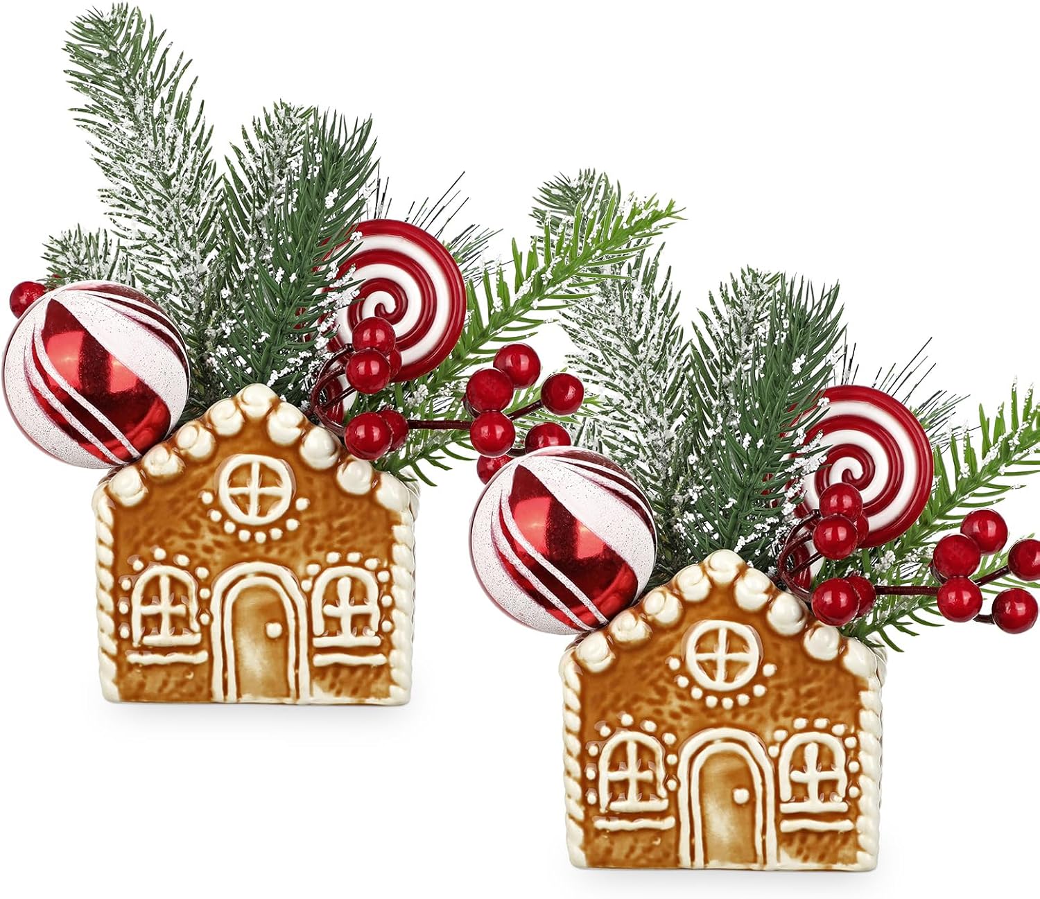 DILATATA 2 Pack Christmas Centerpieces for Table, Christmas Tabletop Decorations with Pine Branches, Holiday Ceramic Decor for Xmas Table, Mantel, Shelf, Living Room (8.6 Inch Tall)