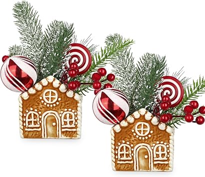 DILATATA 2 Pack Christmas Centerpieces for Table, Christmas Tabletop Decorations with Pine Branches, Holiday Ceramic Decor for Xmas Table, Mantel, Shelf, Living Room 8.6 Inch Tall