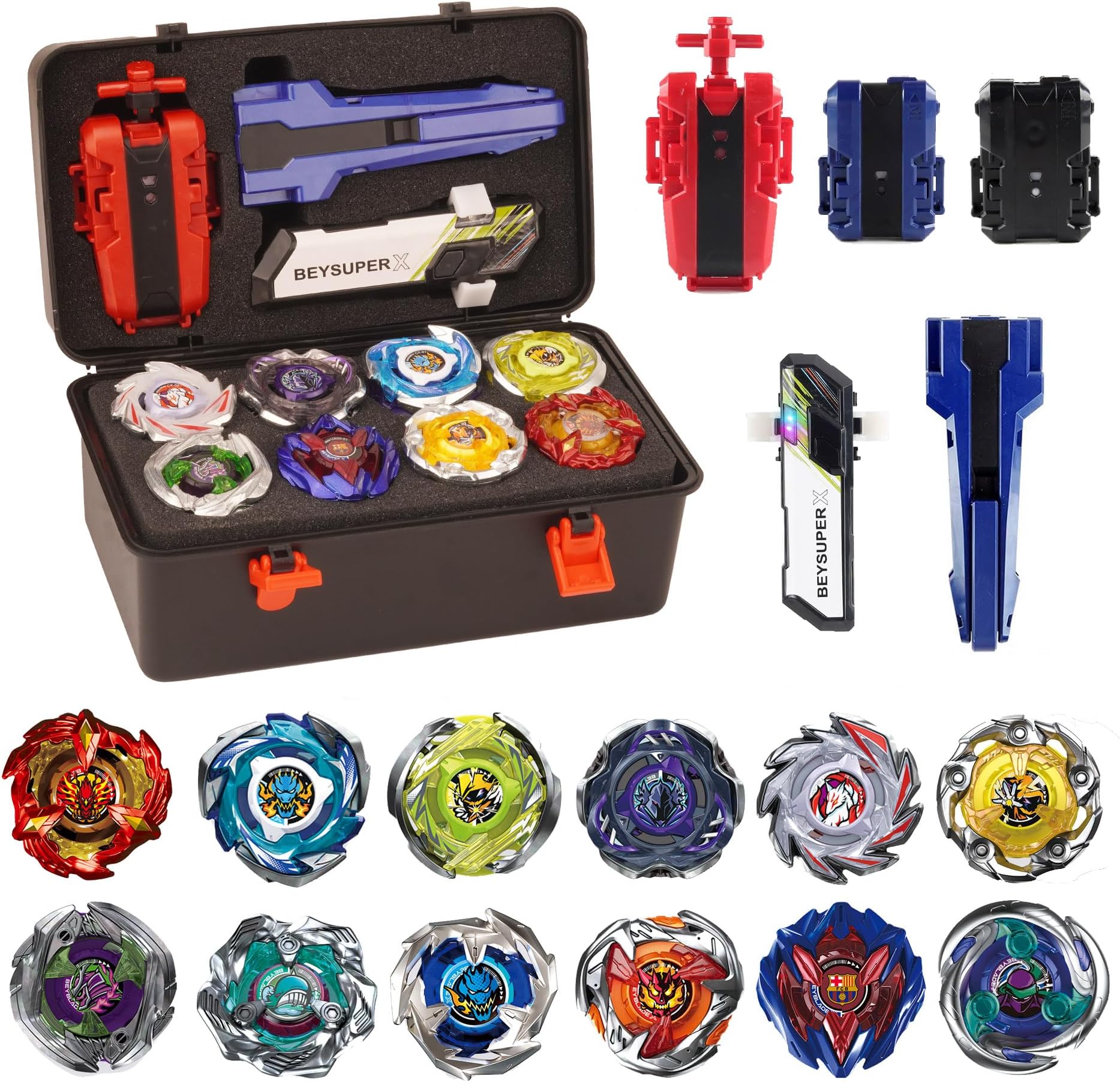 Battling Burst Gyro Toy Set Gift 12 Burst Spinning Tops 2 Two Way Launchers Grip Starter for Boys Children Kids 6 8 10 12+ Battle Game with Portable Box