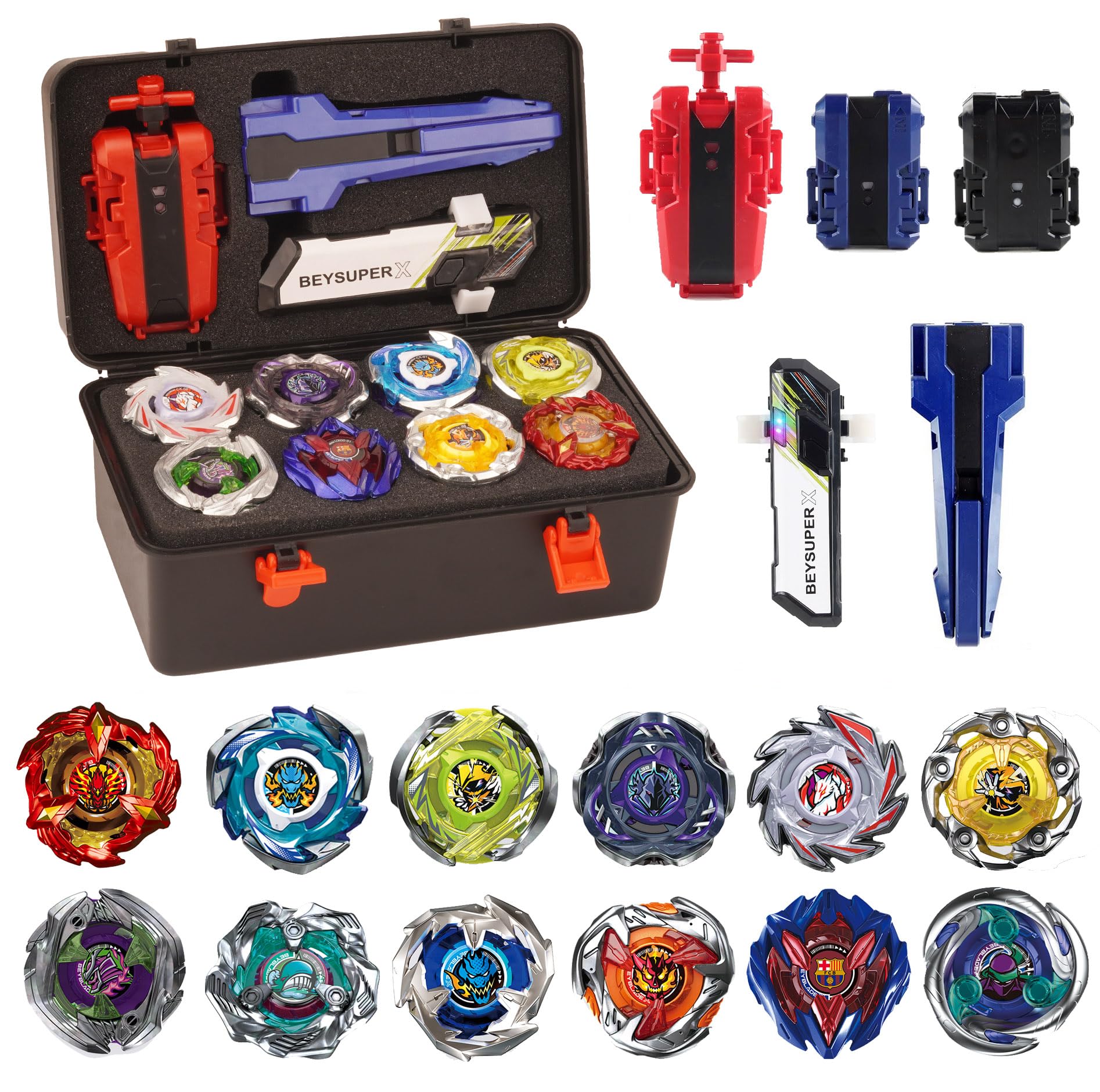 Battling Burst Gyro Toy Set Gift 12 Burst Spinning Tops 2 Two Way Launchers Grip Starter for Boys Children Kids 6 8 10 12+ Battle Game with Portable Box