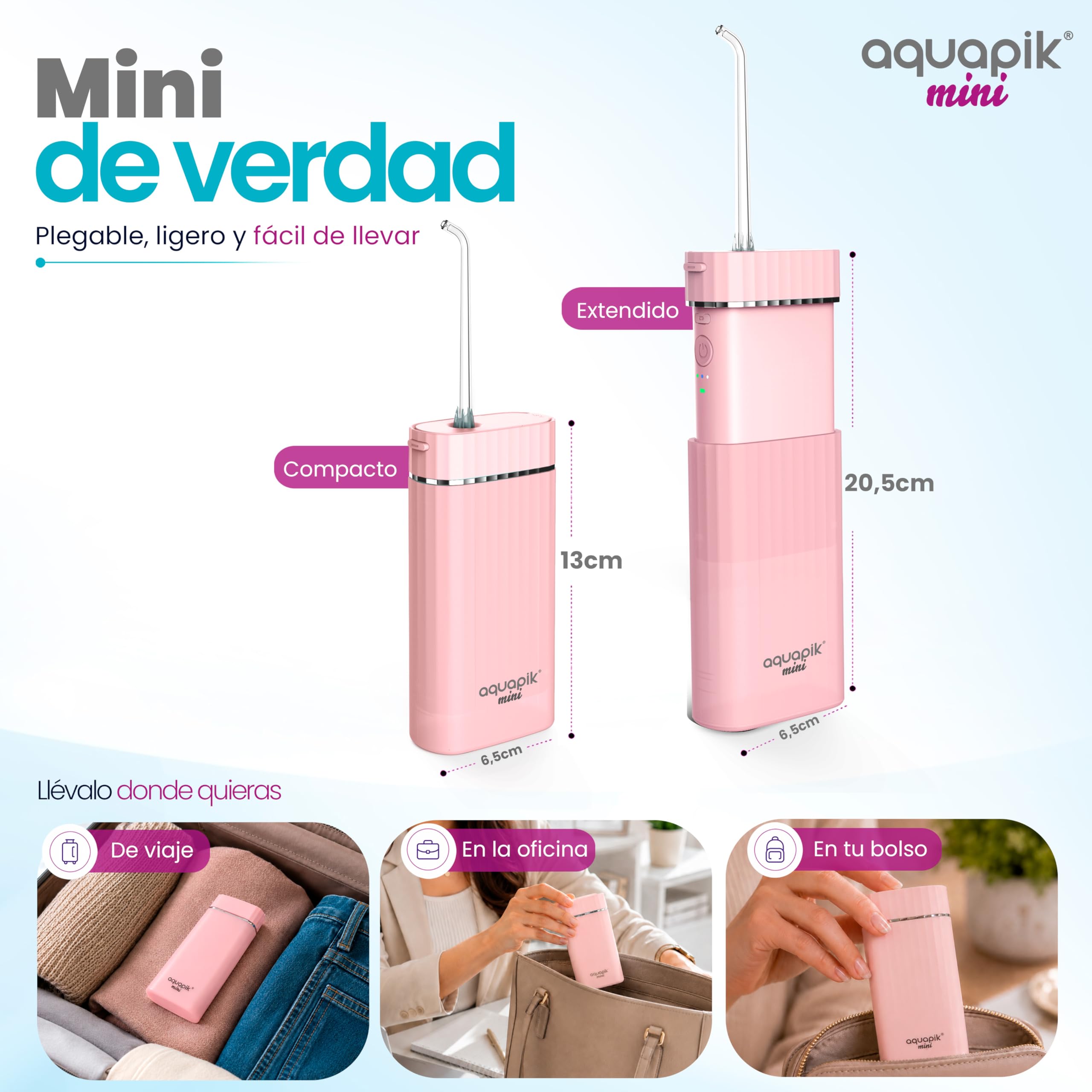 Aquapik® Mini Irrigador dental portátil 200 ml con tanque telescópico recargable USB tipo C, 3 modos de presión impermeable IPX8, fácil de llevar ideal para viajes y oficina, limpieza dental profunda.
