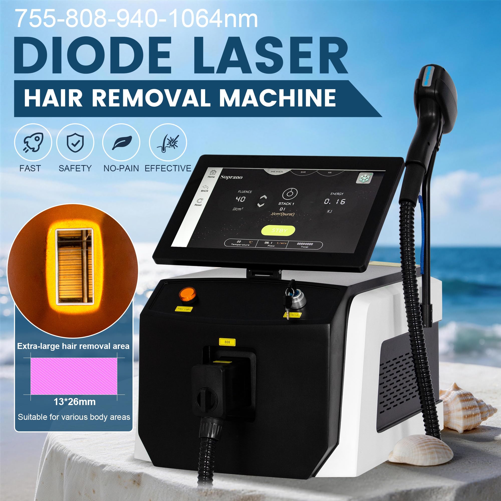 10 barre, Laser a Diodi per Depilazione 755nm/808nm/940nm/1064nm | Epilazione indolore su tutto il corpo tecnologia FAC Certificazione CE e RoHS