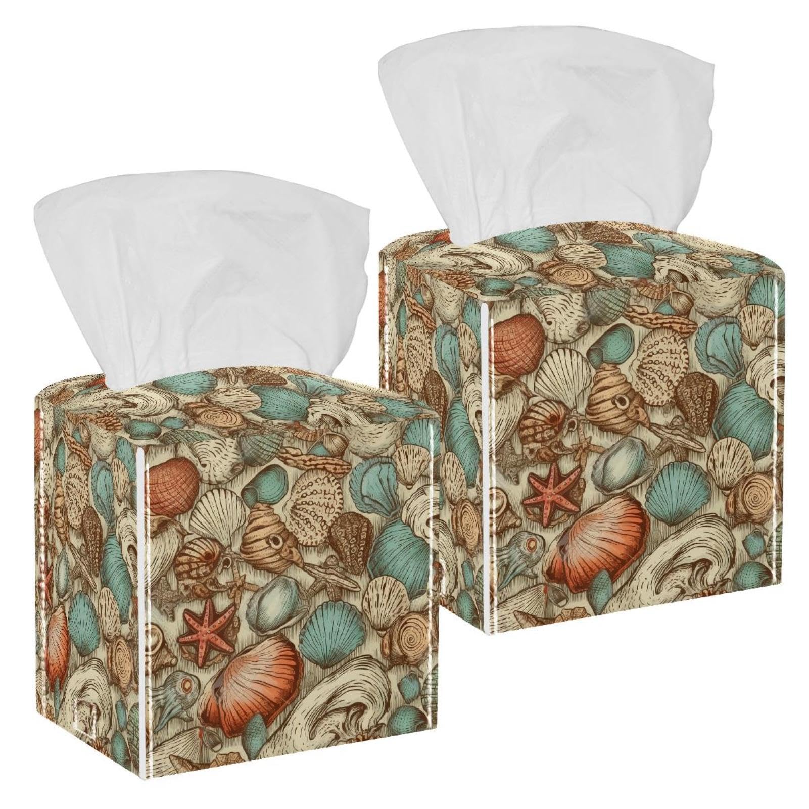 Starfish Shell Tissue Box Cover, 2 Pack PU Leather Square Facial Tissue Dispenser Box holder for Home Office Car