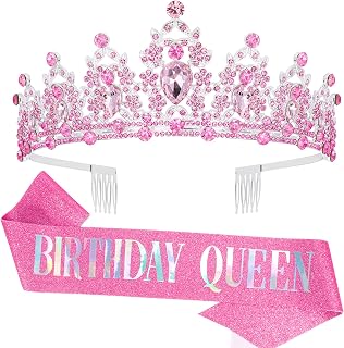 "BIRTHDAY QUEEN" Sash and Tiara for Women Crystal Tiara and Satin Kit for Girl Rhinestones Crown with Comb Glitter Hair Accessories for Prom Party Decoration Cake Topper Accessory Set with Pin
