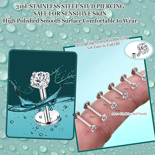 Miniatura 2 de FIBO STEEL 316L 2-6pcs Stainless Steel 16G 3mm CZ Inlaid Lip Rings Labret Monroe Nose Studs Helix Earring Piercing 6mm 8mm 10mm Bar Length Available