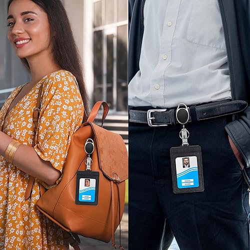 Miniatura 7 de Paquete de 2 portatarjetas y clips retráctiles resistentes para carrete, soportes verticales de cuero para tarjetas de identificación con 1 ventana