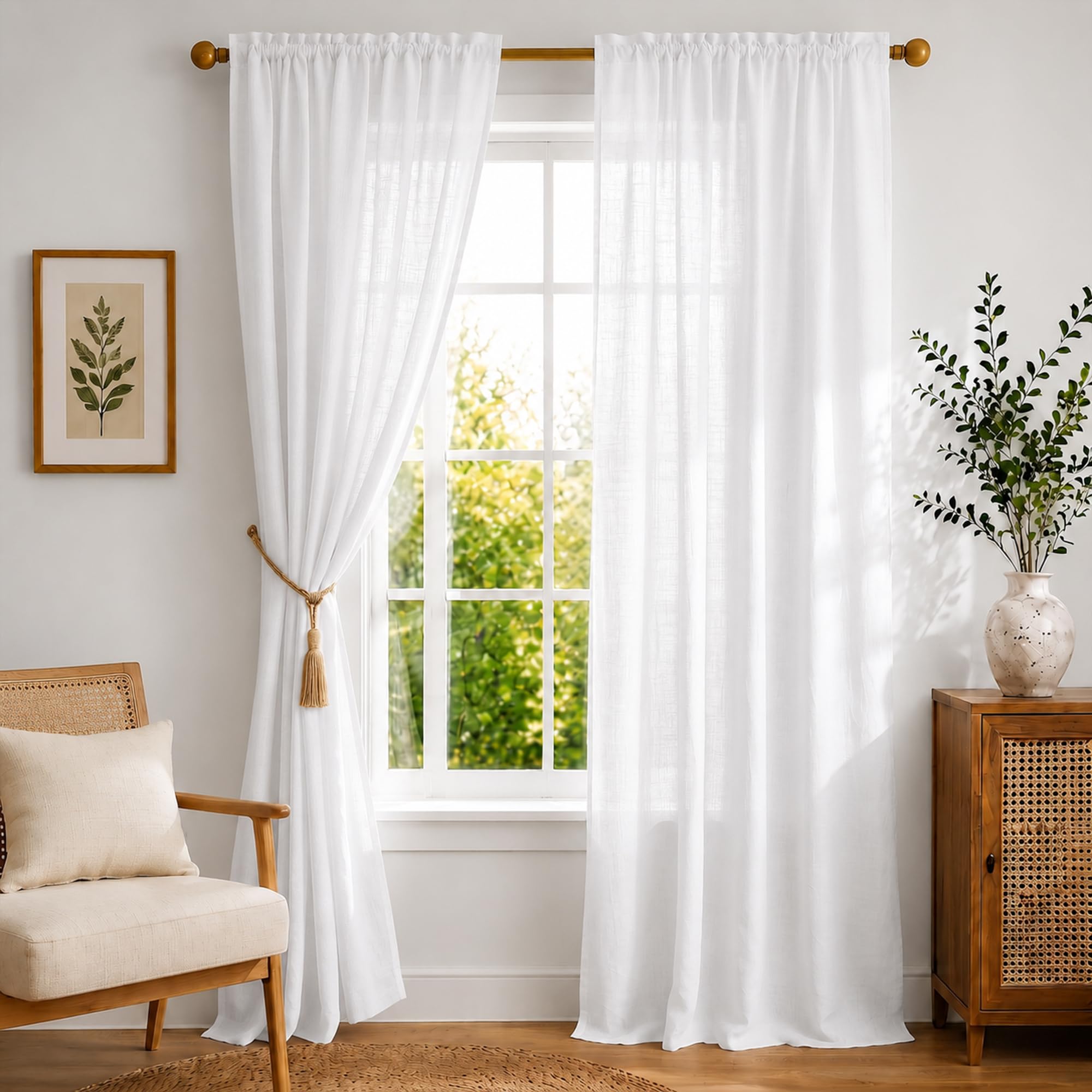 HOMEMONDE Cotton Sheer Curtains Faux Linen Texture 6 Feet Window with Rod Pocket Top Drapes for Living Room, Office, Bedroom, 72 Inches - White, Set of 2