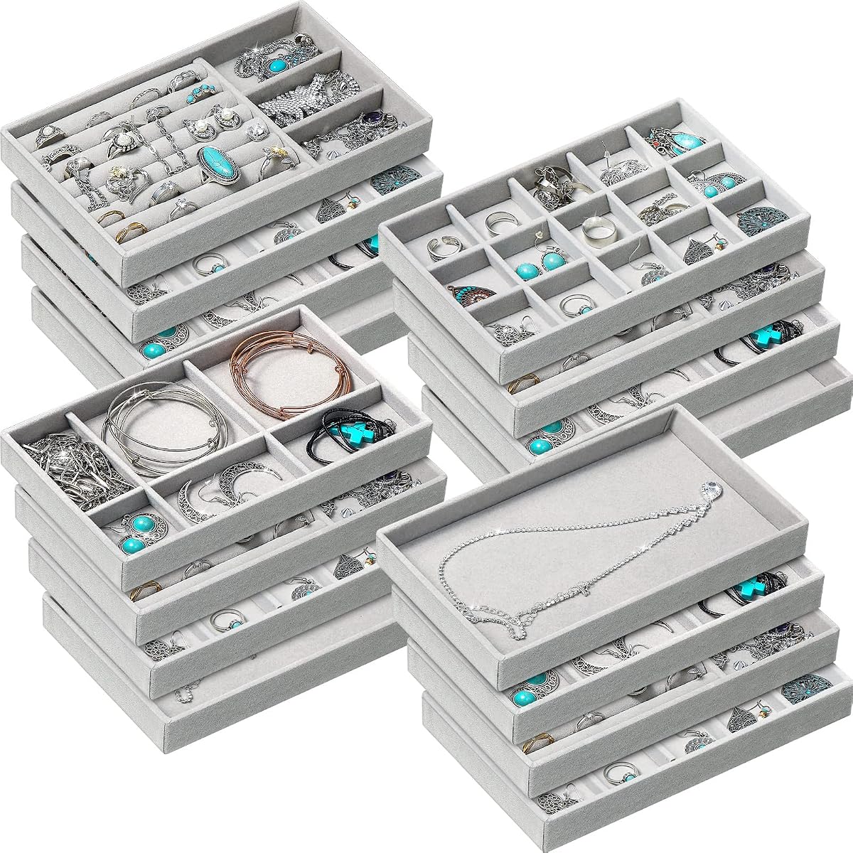 Kenning 16 Pcs Jewelry Organizer for Drawer Stackable Trays Insert with Compartments 8.3x5x1 Small Velvet Storage Holder Closet Vanity Dresser Box Divider Ring Earring Display Wedding Gift for Women