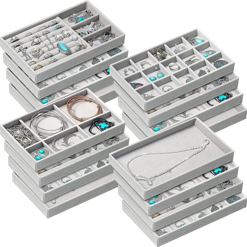 Kenning 16 Pcs Jewelry Organizer for Drawer Stackable Trays Insert with Compartments 8.3x5x1 Small Velvet Storage Holder Closet Vanity Dresser Box Divider Ring Earring Display Wedding Gift for Women