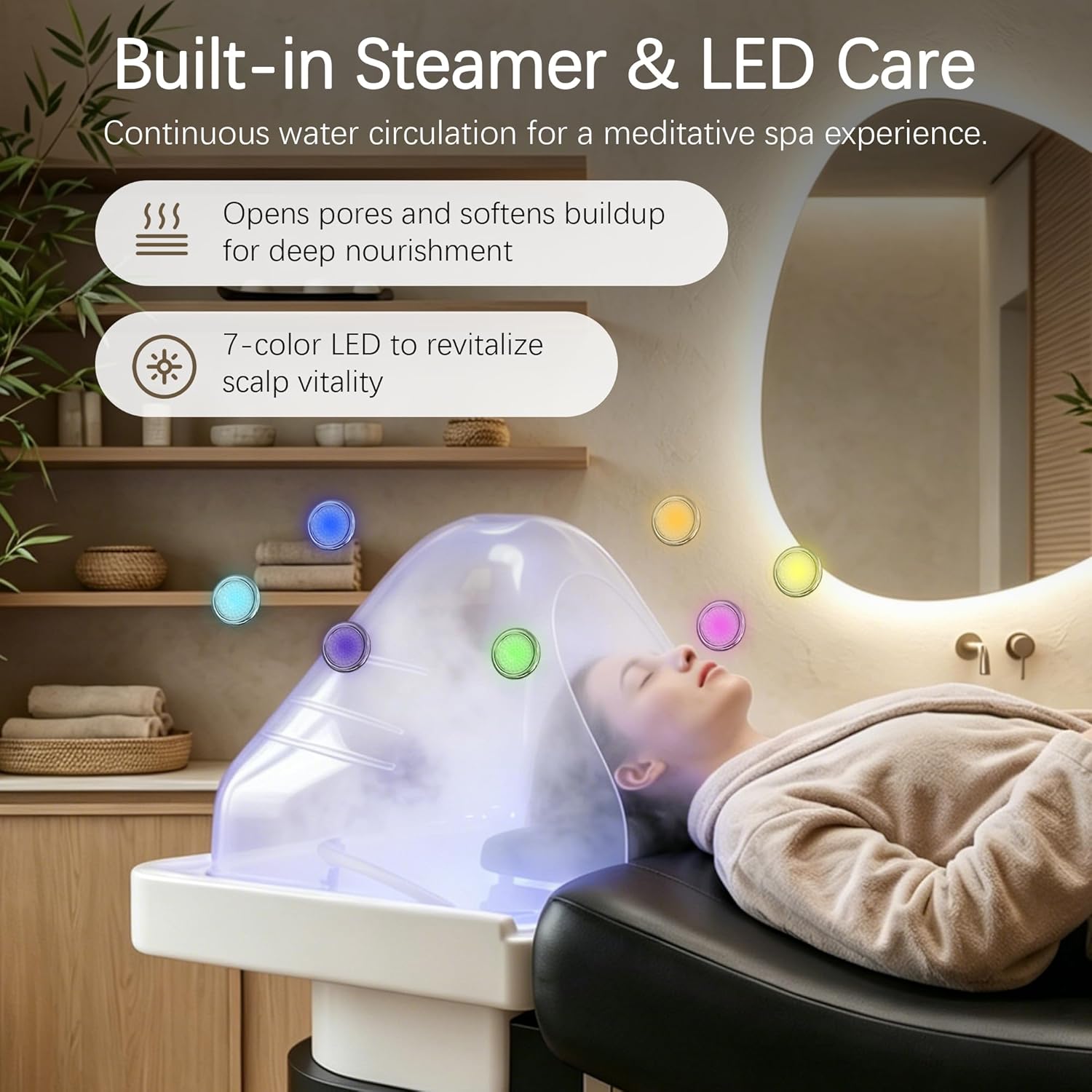 Baasha Spa Shampoo Bed with Steaming & Water Circulation, 7-Color Light Therapy, Memory Foam Massage Table with Shampoo Bowl, All-in-One Head Spa Equipment & Facial Bed