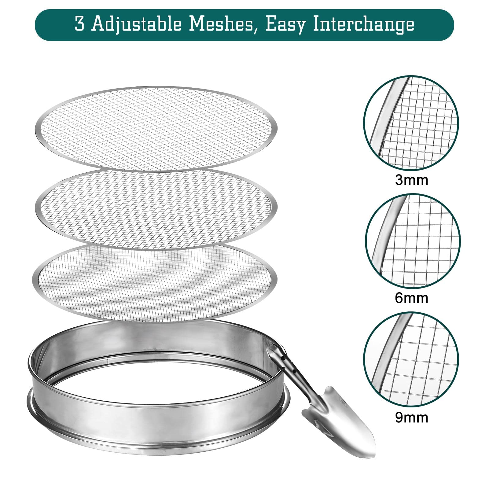 johgee Setaccio da giardino 3 in 1 in acciaio inox, setaccio resistente alle intemperie, con 3 setacci intercambiabili Ø 3.6.9mm + vanga manuale lunga 26 cm per terra, pietre, compost, sabbia