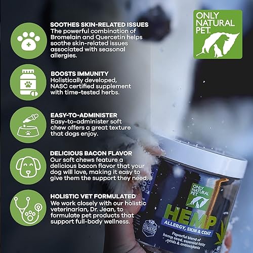Miniatura 3 de Only Natural Pet Alergia, piel y pelaje masticables suaves de cáñamo, mordeduras inmunitarias para perros, suplemento Omega 3, golosinas calmantes