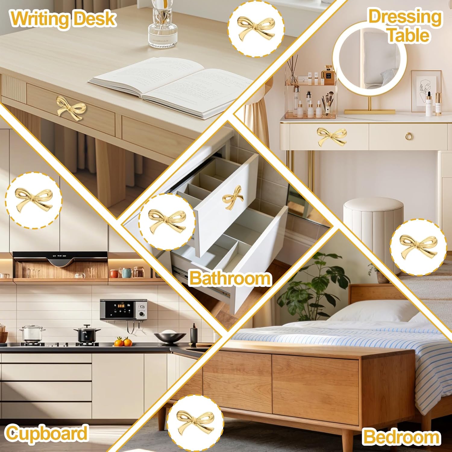 6 Pcs Gold Bow Drawer Knobs Set，Bow Shape Cabinets Knobs Brass Drawer Pulls with Screw Cabinet Handles for Dresser Kitchen Home Cabinets Bedroom Cupboard