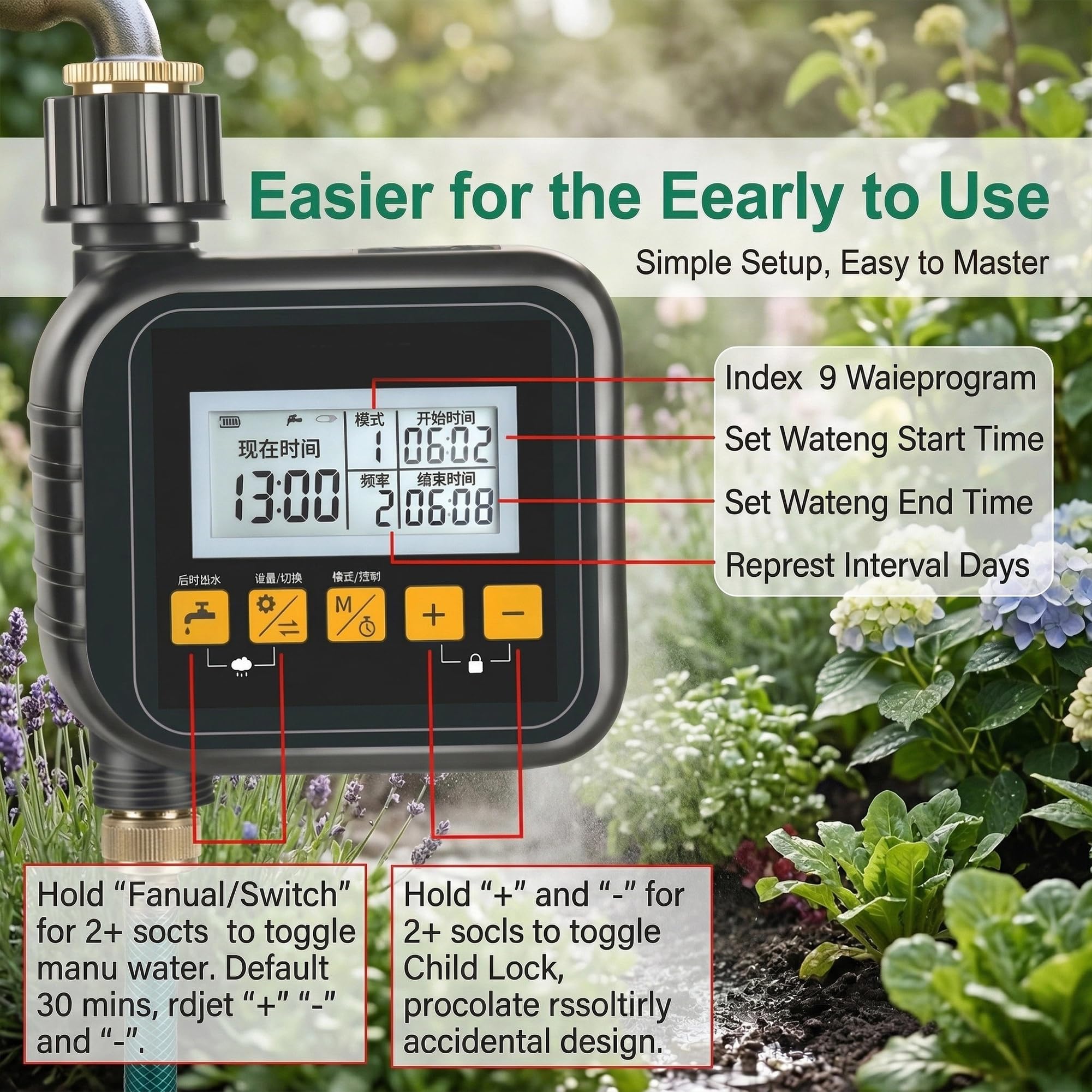 Wasser-Timer & Schlauch-Timer, Gartenbewässerung, Bewässerungssystem für Balkon- und Hof-Pflanzen — Automatischer Pflanzenbewässerer mit Timer 15m + 15 Orange Cooling Spray Nozzles