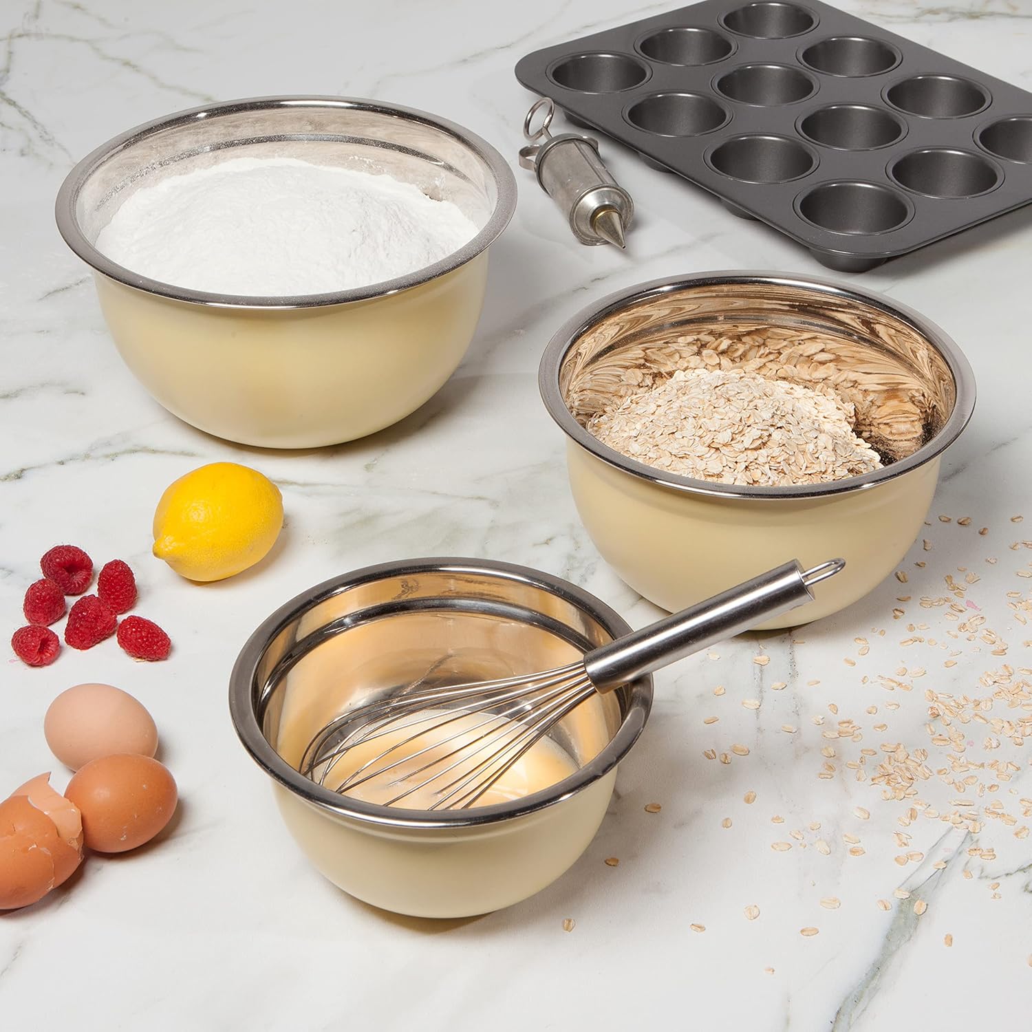 Now Designs Matte Coated Steel Mixing Bowls, Sunrise Yellow, 5 qt, 3 qt, 1.5qt, Set of 3