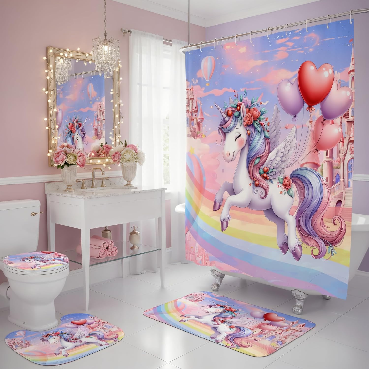 4Pcs Unicorn Girls Shower Curtain with Memory Rugs, Kids Bathroom Sets with Cute Uicorn Shower Curtain, Non-Slip Rug,Toilet Lid Cover Bath Mat and 12 Hooks,Gift for BoyGirl Kids