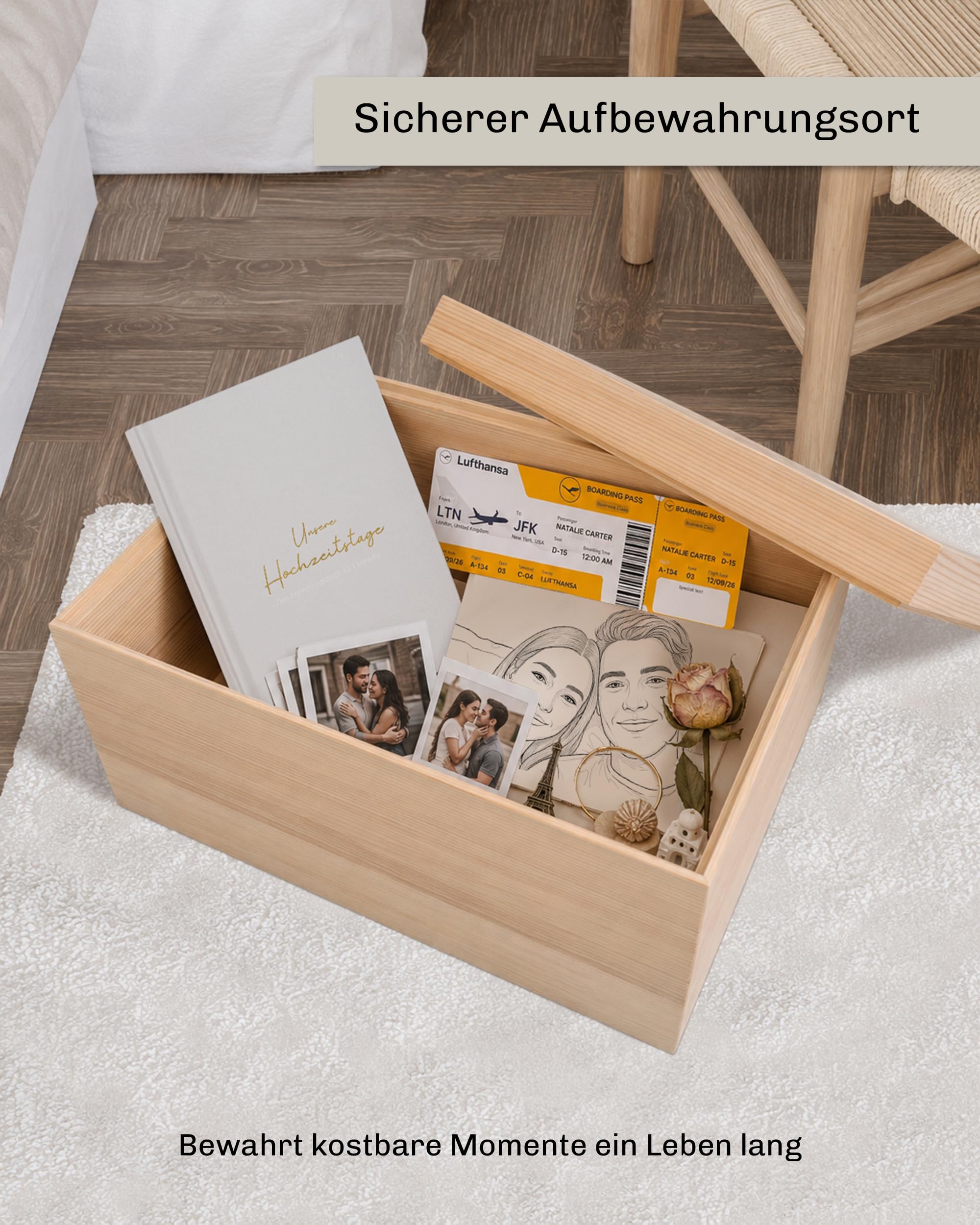 LEAF & GOLD Caja de madera personalizada de eucalipto | Caja de recuerdos para parejas de madera con tapa I Regalo de compromiso, boda o aniversario I Caja de almacenamiento hecha a mano I 40 x 30 x