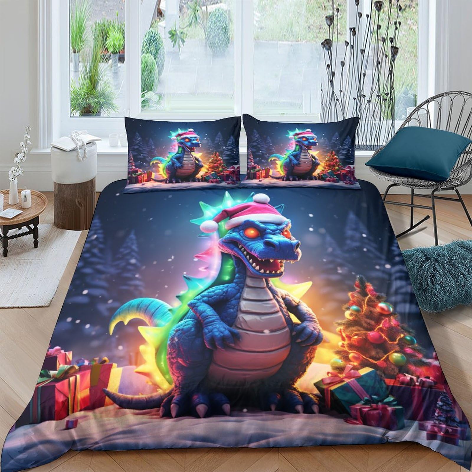 Housse de couette dinosaure de Noël 3 pièces King 220x240 cm en microfibre avec taies d'oreiller