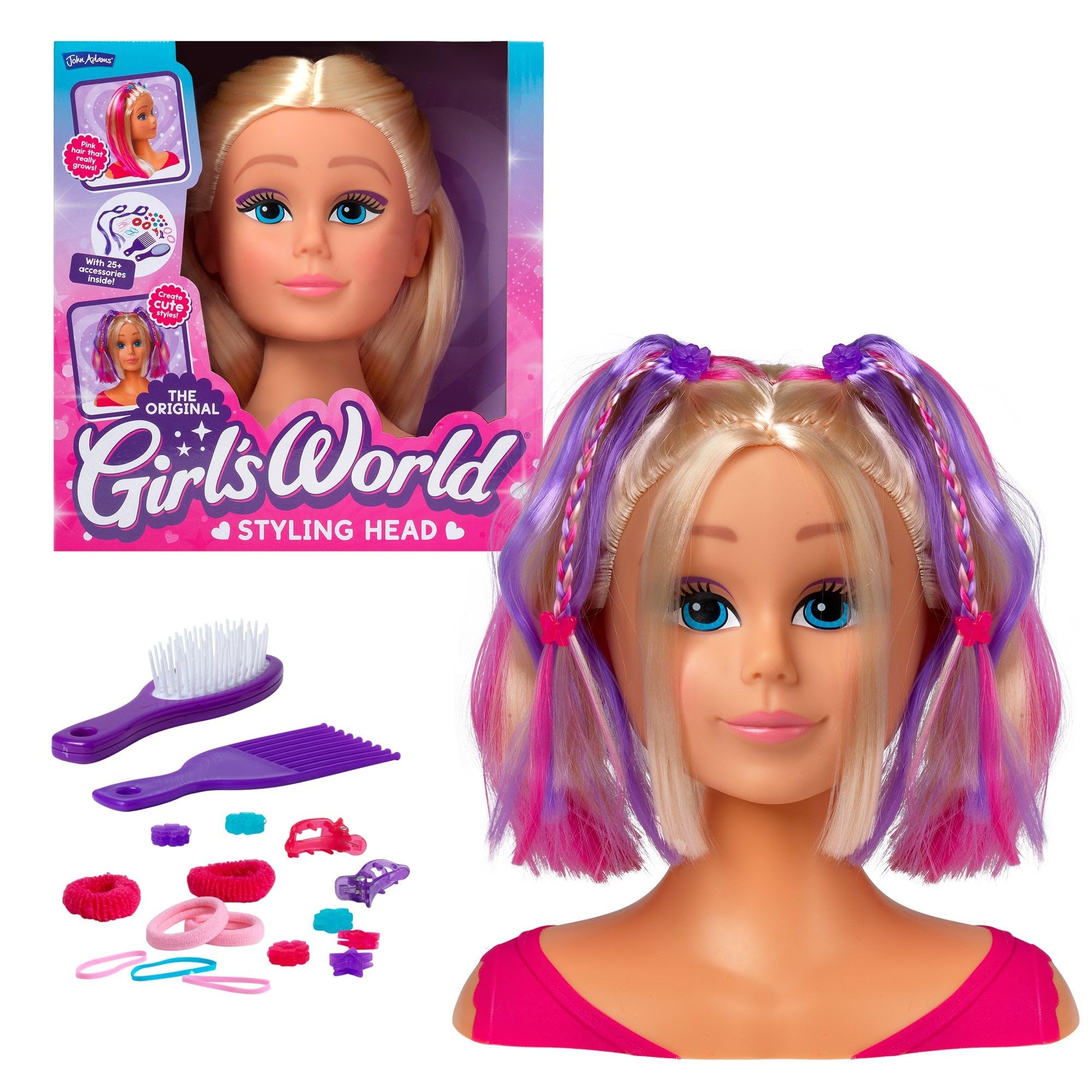 Girl's World Head with Pink Growing Hair | Comes with Hair Dressing Accessories | Traditional Girls Toys